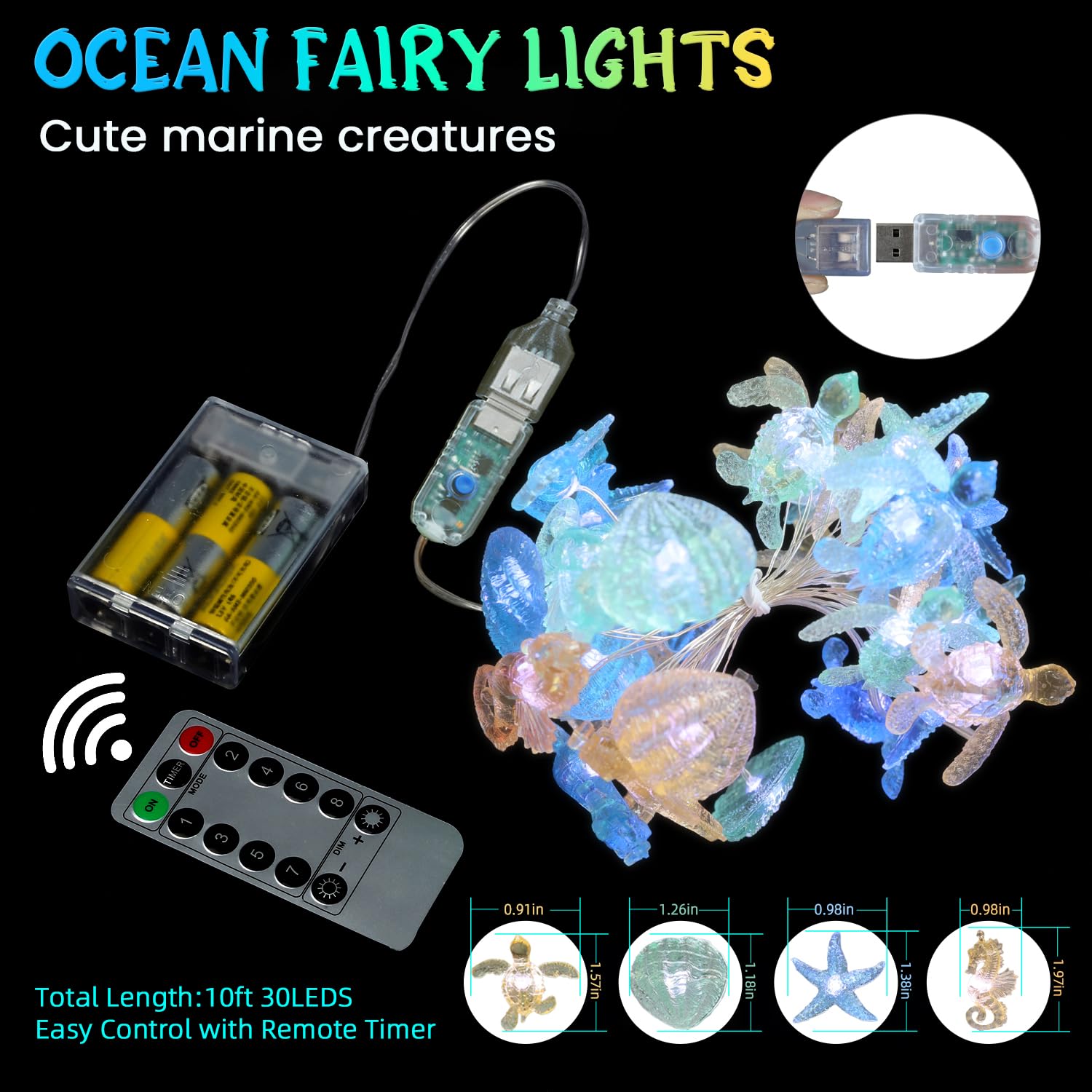enlaceray Nautical String Lights - 30LED, 10ft, Multicolor Sea Life Decor, Plug-in/Battery Operated, Marine Themed for Bedroom & Christmas
