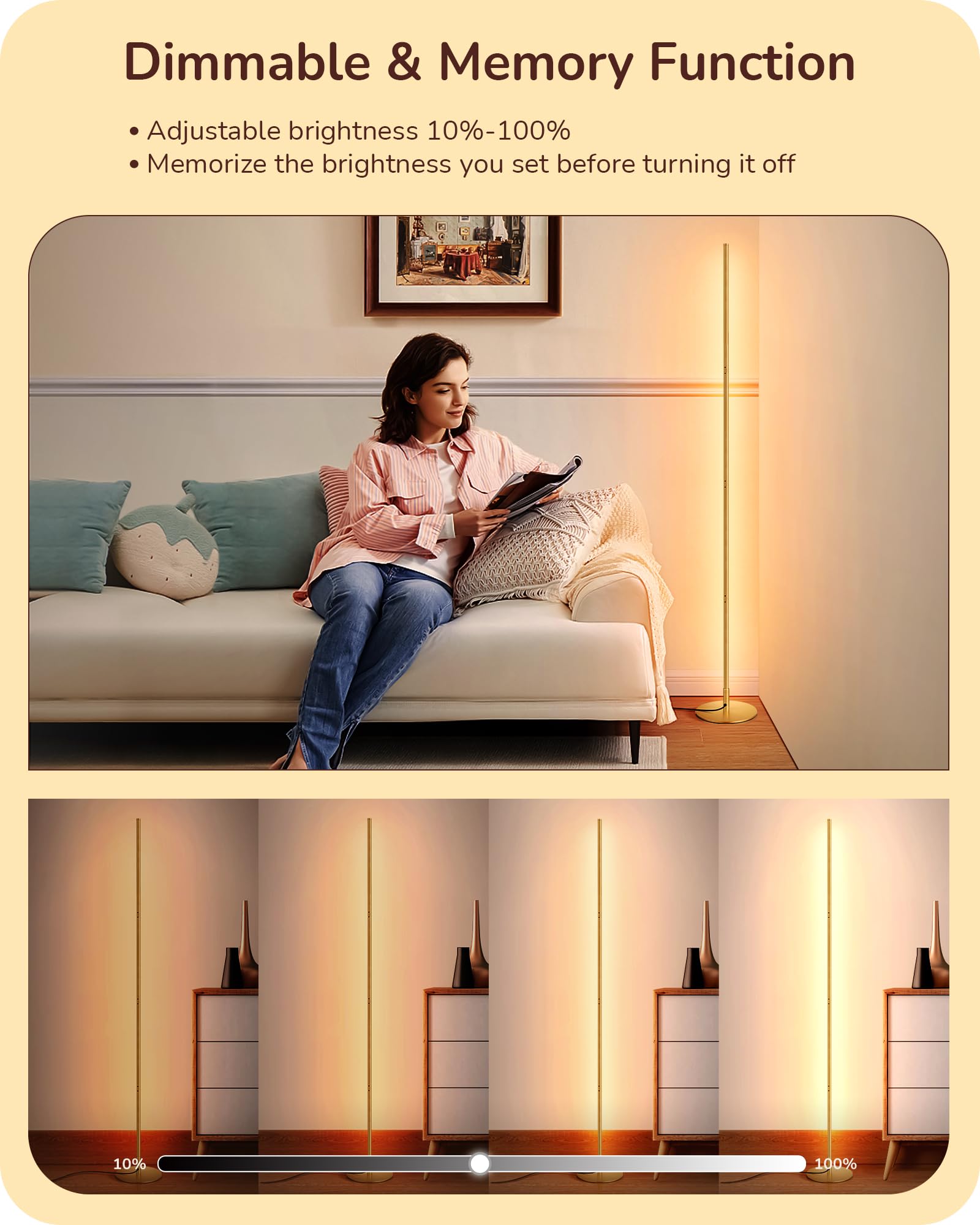 EDISHINE LED Corner Floor Lamp, Modern Slim Dimmable, Adjustable Height 57.5in, Gold, Model HFLCB1A