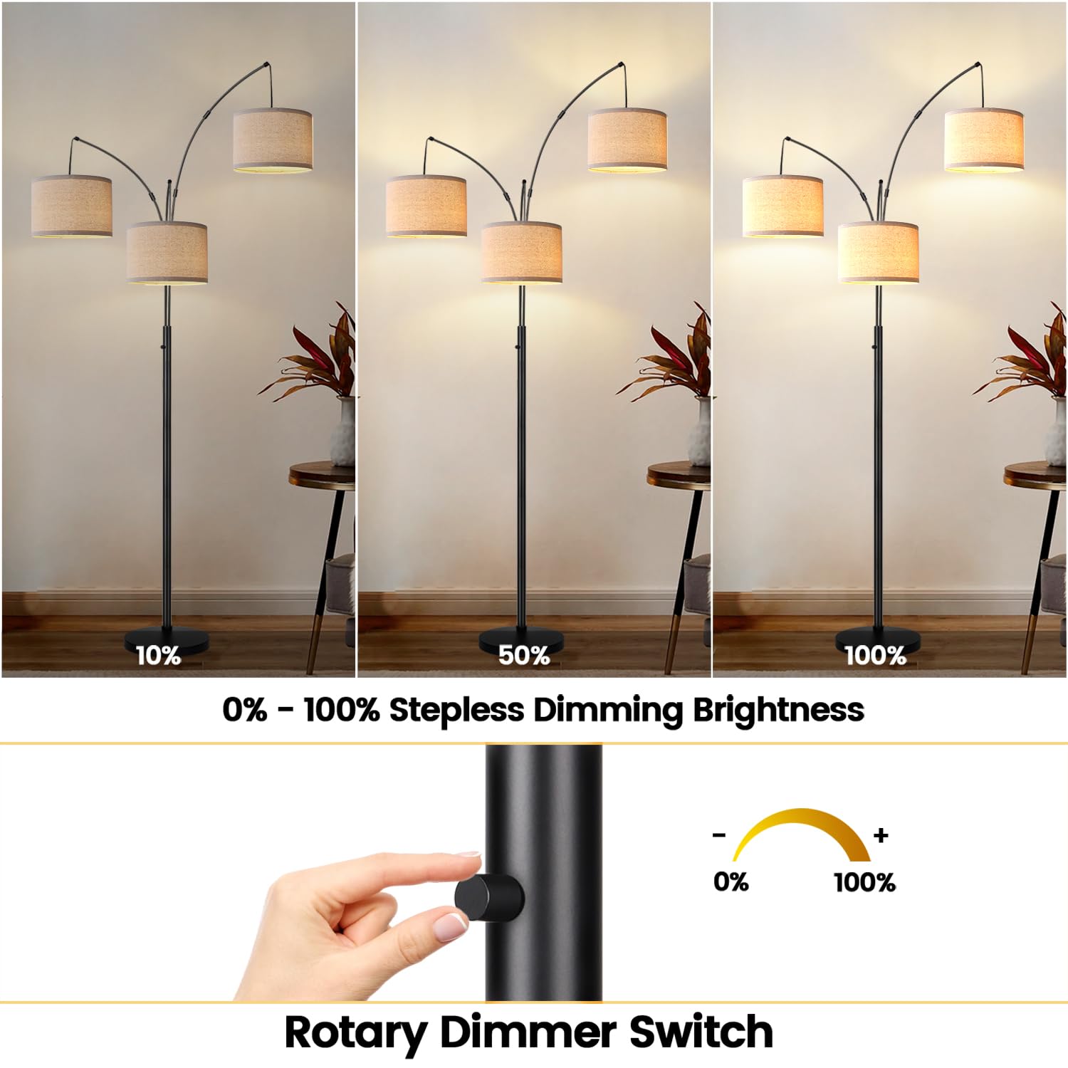 Nintiue Dimmable Floor Lamp - 3 Lights Arc, Matte Black with Beige Linen Shades, Model F1378, Includes 3 LED Bulbs