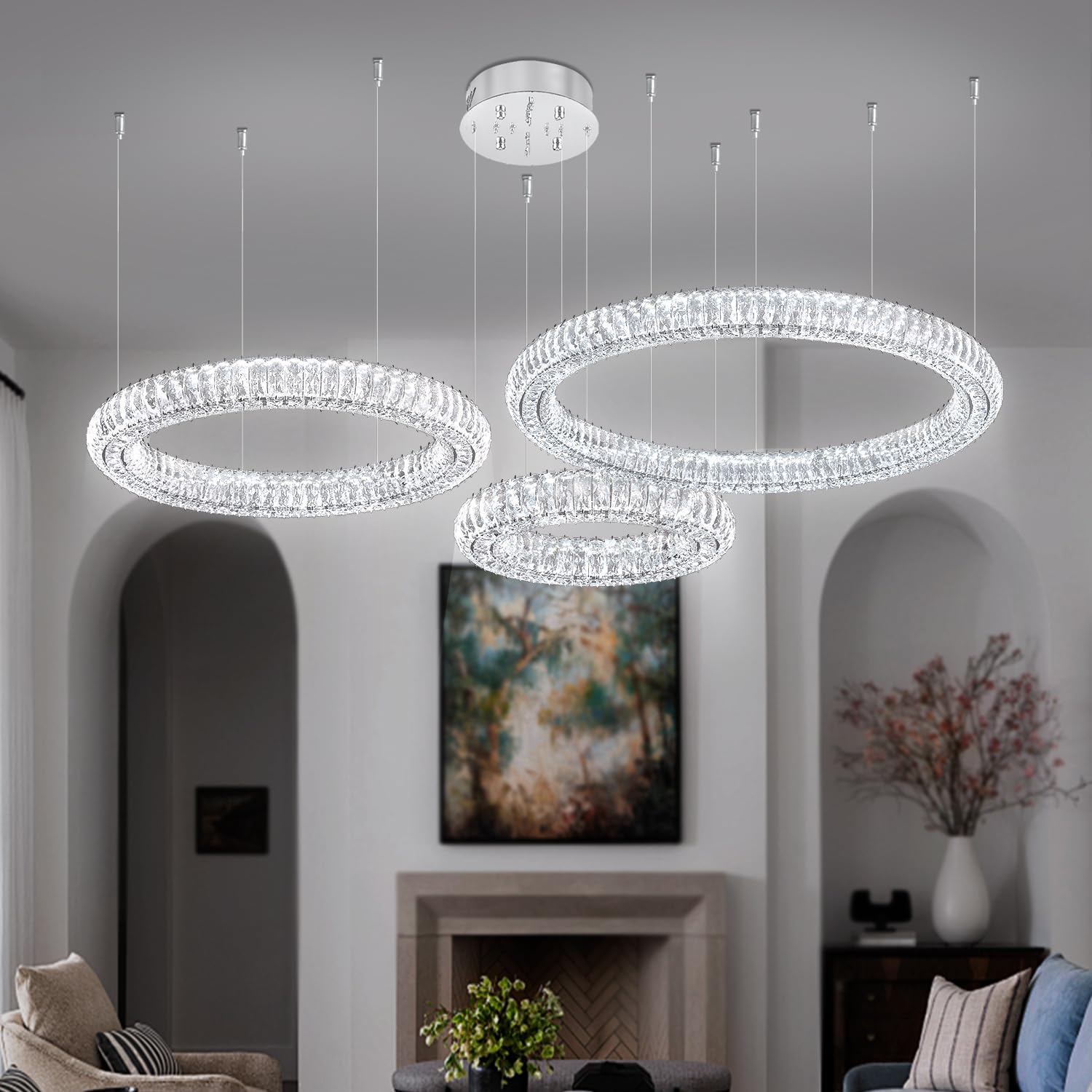 Idequy Modern Crystal Chandelier Dimmable Led 39.4'' Ring Pendant Light Adjustable Black Round Crystal Chandelier Light Fixtures