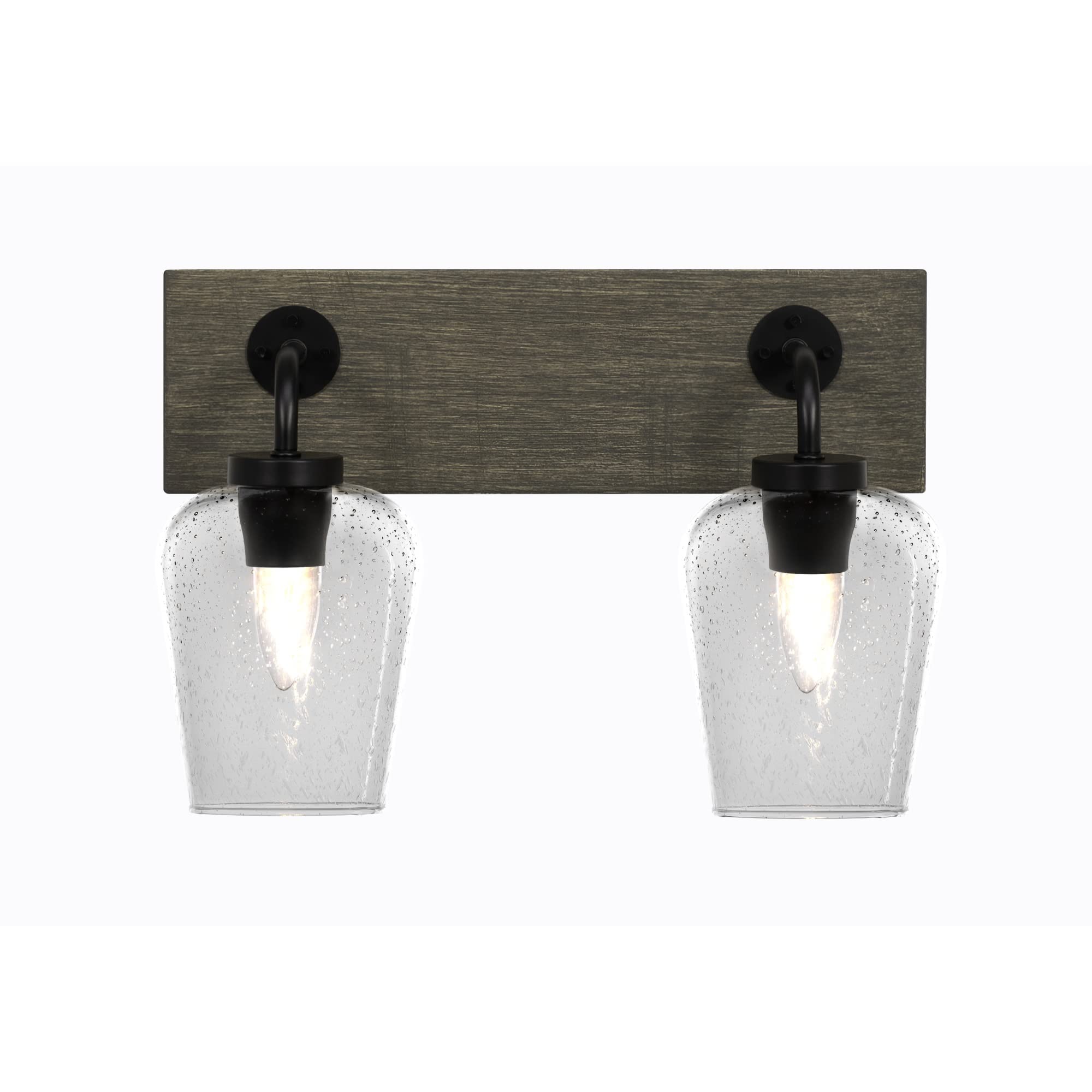 Oxbridge 2 Light Bath Bar In Matte Black & Painted Distressed Wood-Look Metal Finish With 5" Clear Bubble Glass