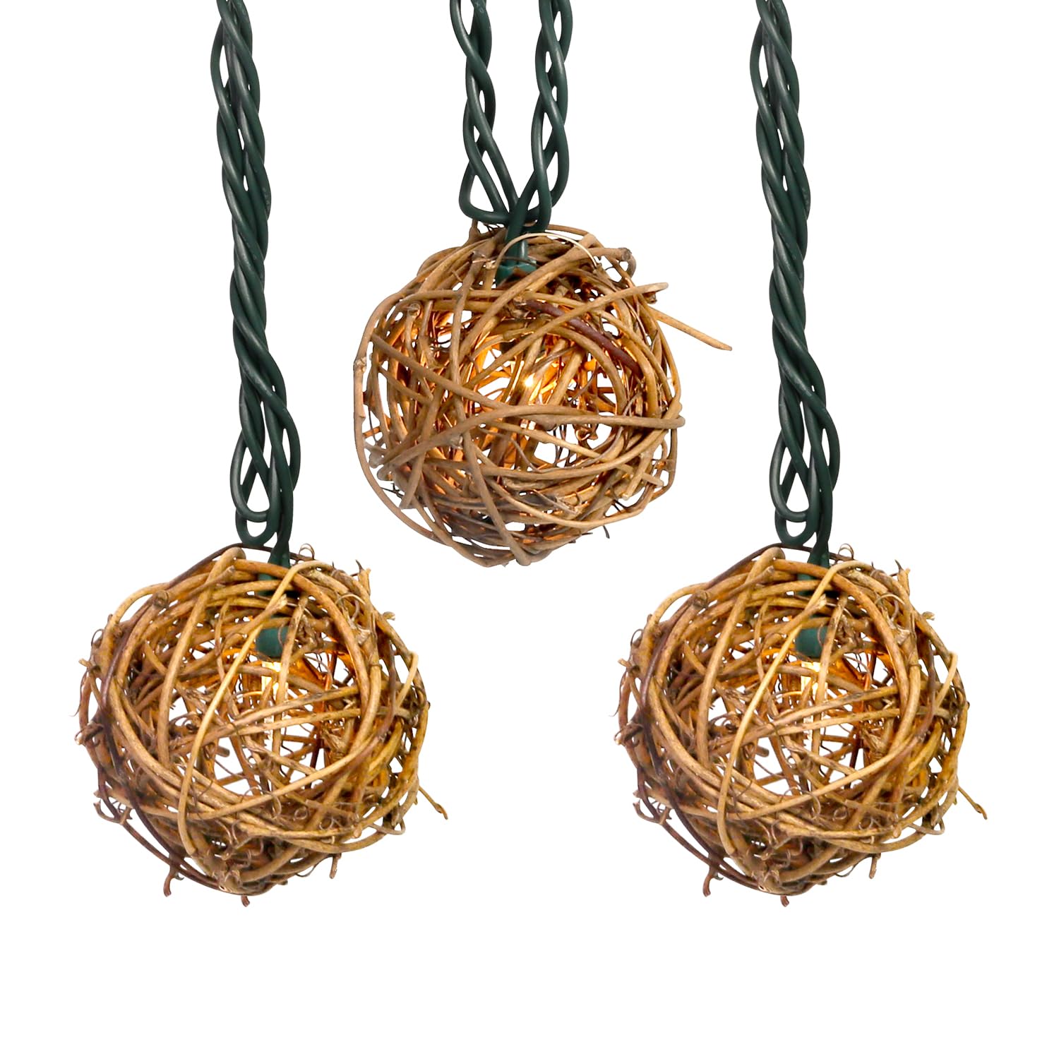 LIDORE Rattan String Lights, 10 Mini Globe Balls, 7.92ft Green Cord, Indoor Outdoor Use, Brown Rattan, Model LD-TAOKE-10L