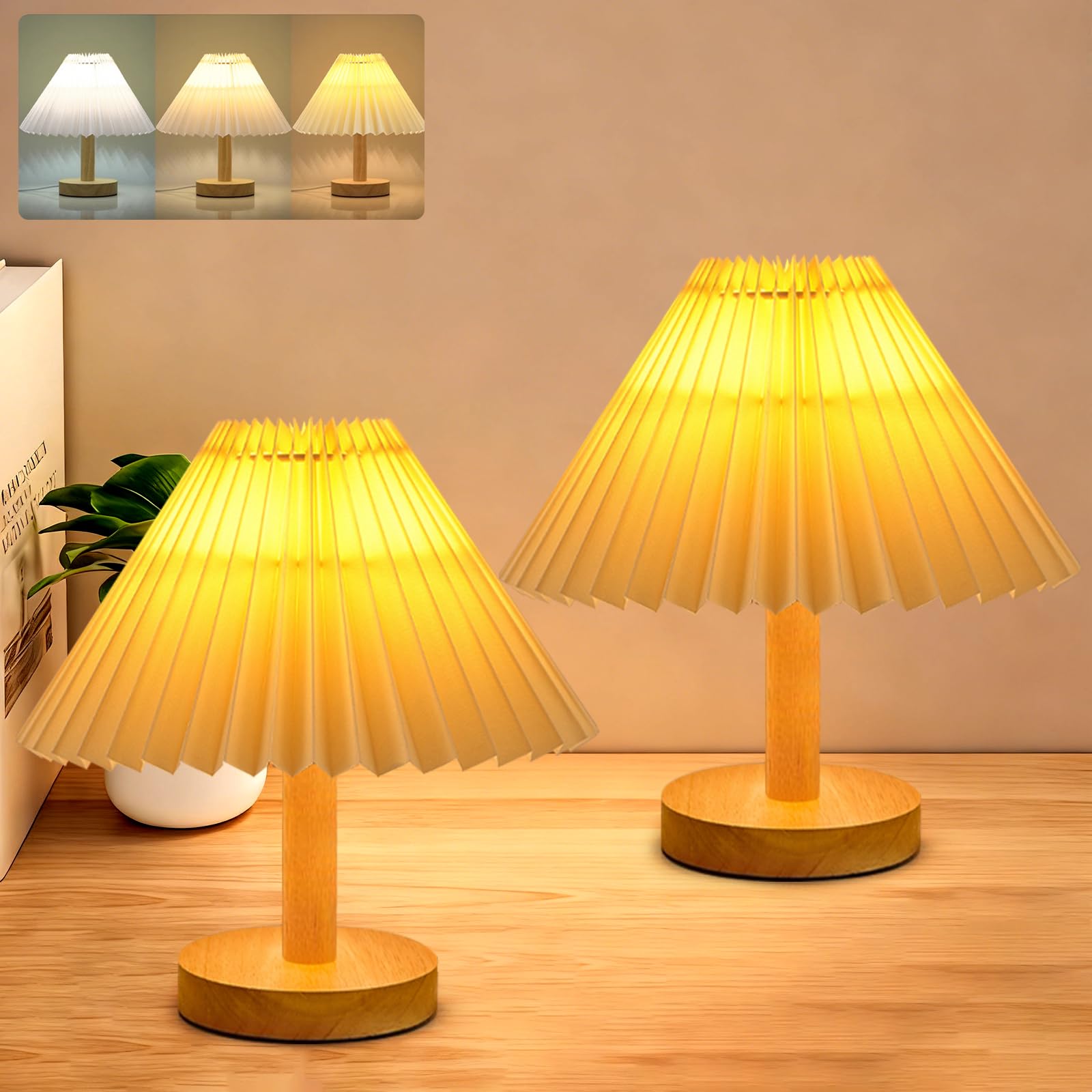 Buroraix 2-Piece Small Desk Lamp, Modern Dimmable Three-Color Wooden Base Sleep Night Light for Bedroom Bedside Table, Study Rea