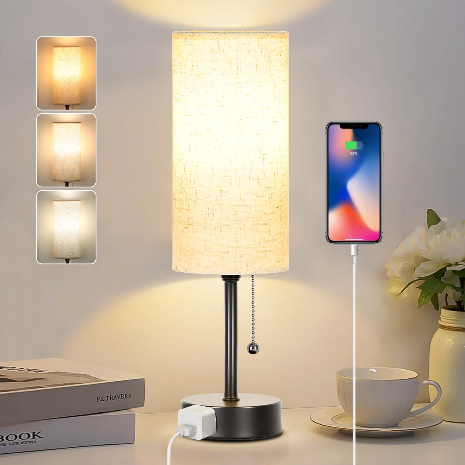 Dott Arts 15'' Table Lamp for Bedroom, 3-Color Bedside Lamps with Pull Chain, Bedroom Table Lamps for Nightstand,AC Outlet Small
