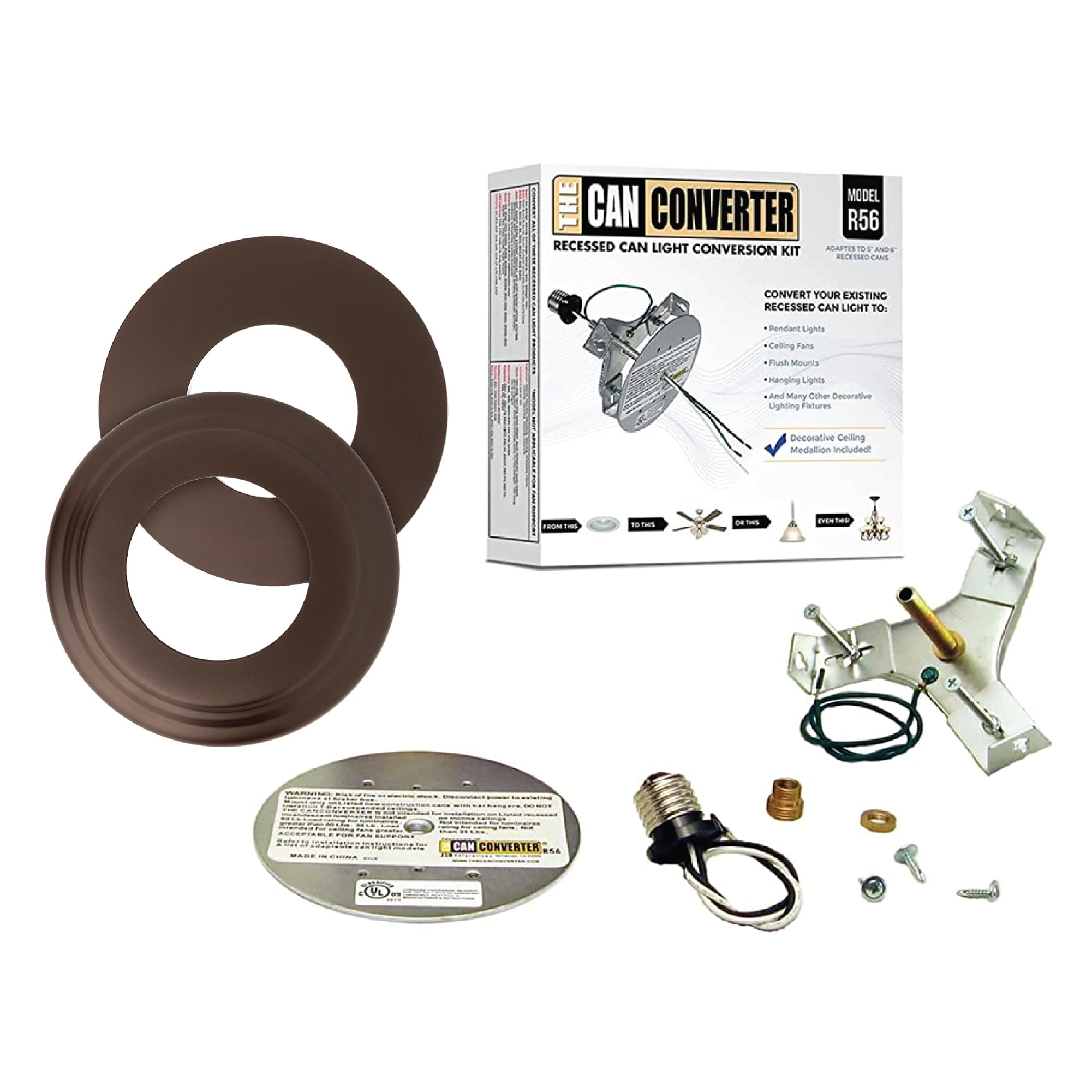 The Can Converter -R56, Complete Recessed Can Light Conversion Kit, For Ceiling Light Fixture, Pendant Light, Hanging Light, Ceiling Fan, 7¾ Beveled & Flat, Steel, Ceiling Medallion, Oil Rubbed Bronze
