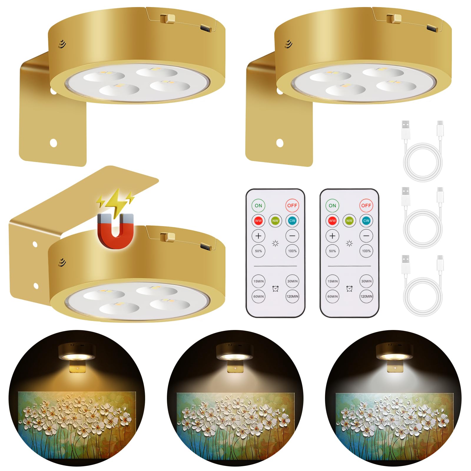 3-Pack Picture Lights for Wall, Rechargeable Battery Operated Painting Light with Remote Control Dimmable and Timer, 3 Lighting 