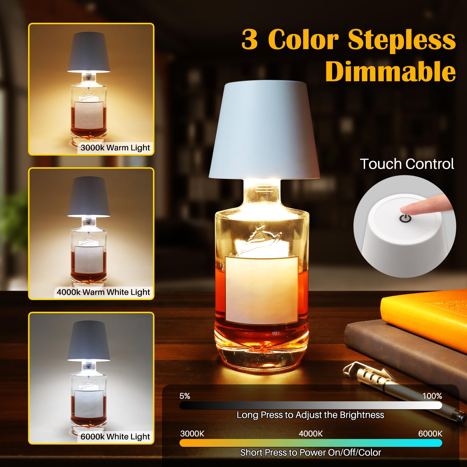 Tgxcf Wireless Bottle Lamp, Portable Metal Led Wireless Bottle Lamp With 3 Color Light Dimming, Rechargeable Wine Bottle Light Head, Waterproof Touch Table Lamp For Room Bar Party Decor, White