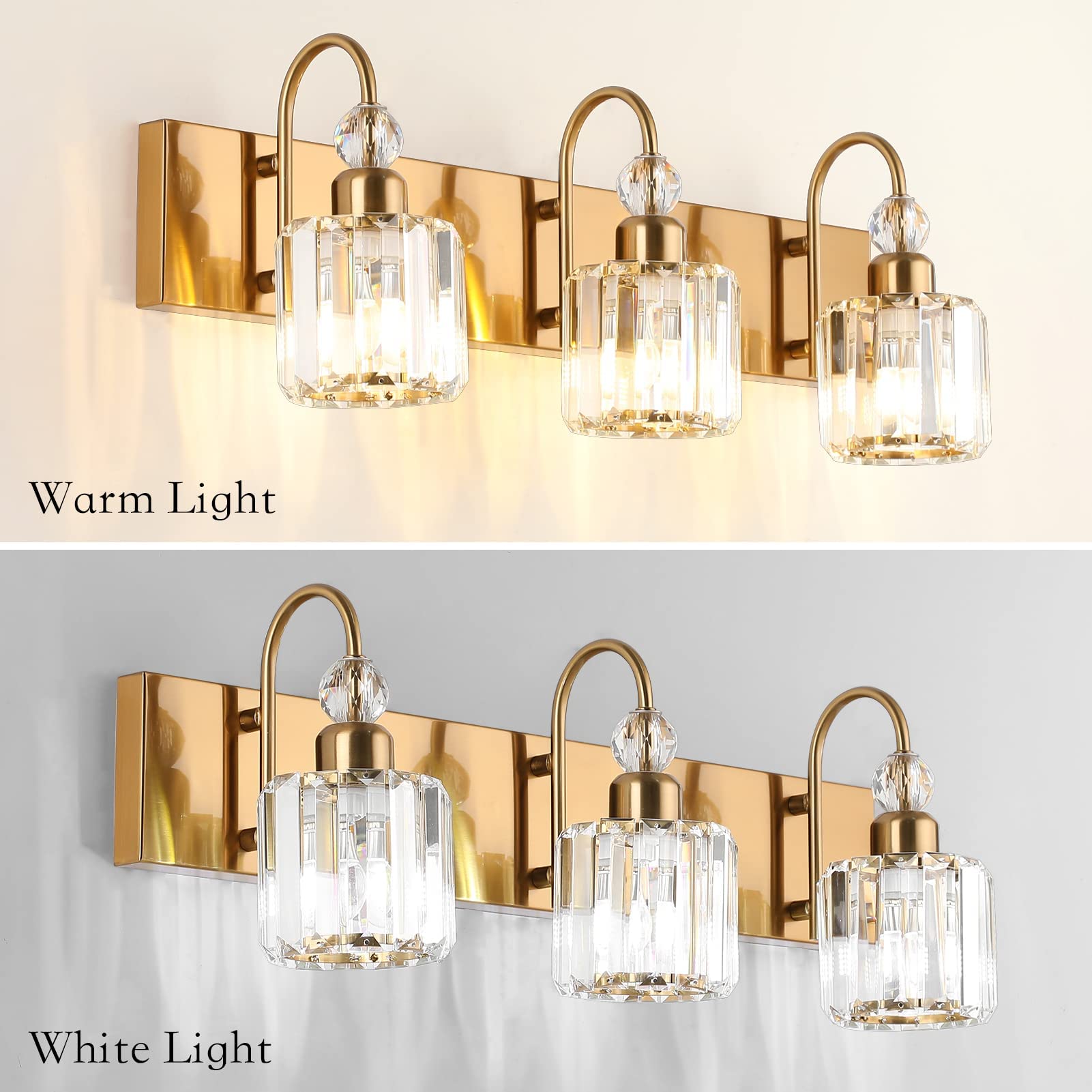 Ralbay 4-Light Brass Gold Crystal Vanity Lights - Modern Bathroom Wall Lighting Fixtures