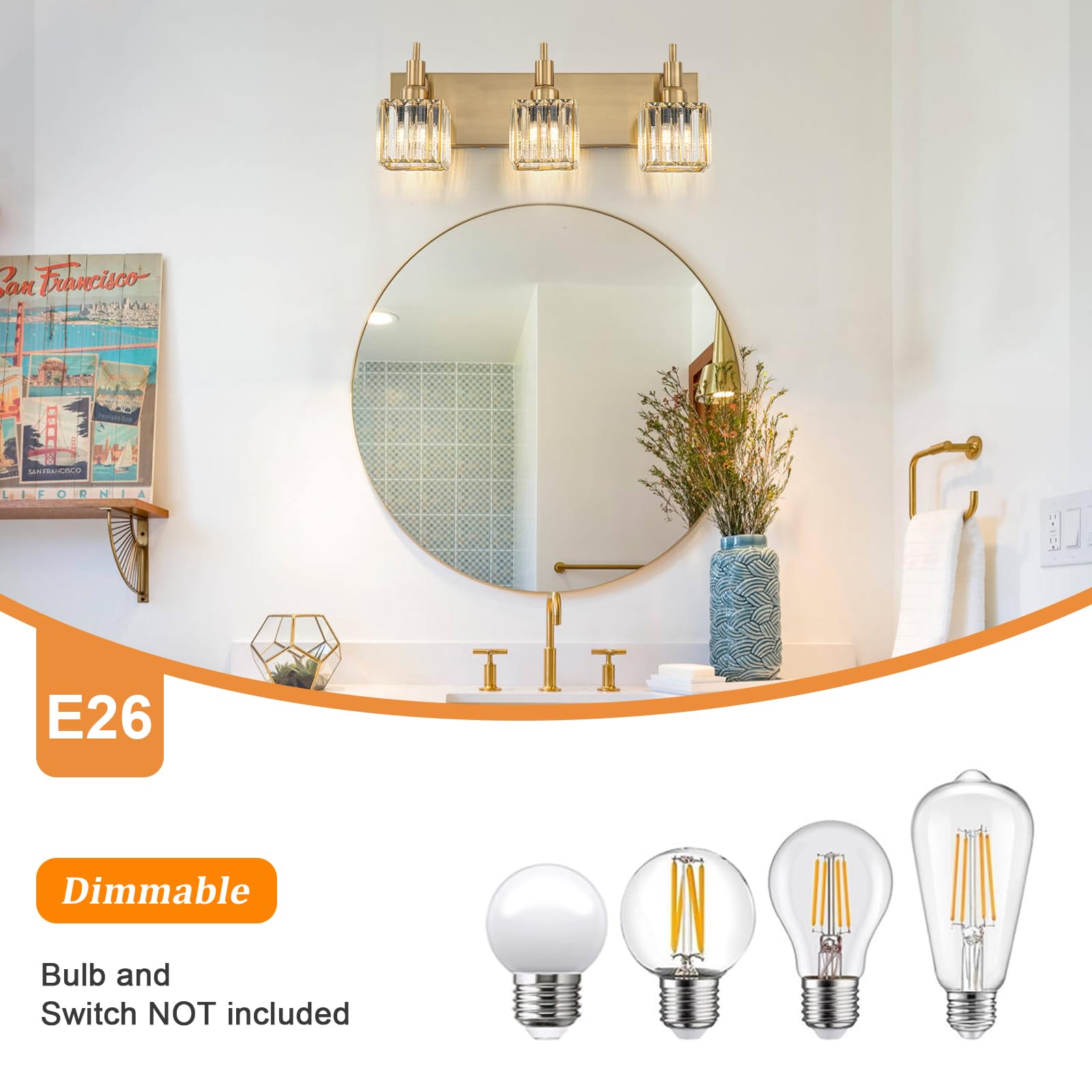 HUOKU Gold Bathroom Vanity Lights - 3-Light Modern Crystal Wall Light Fixture Over Mirror