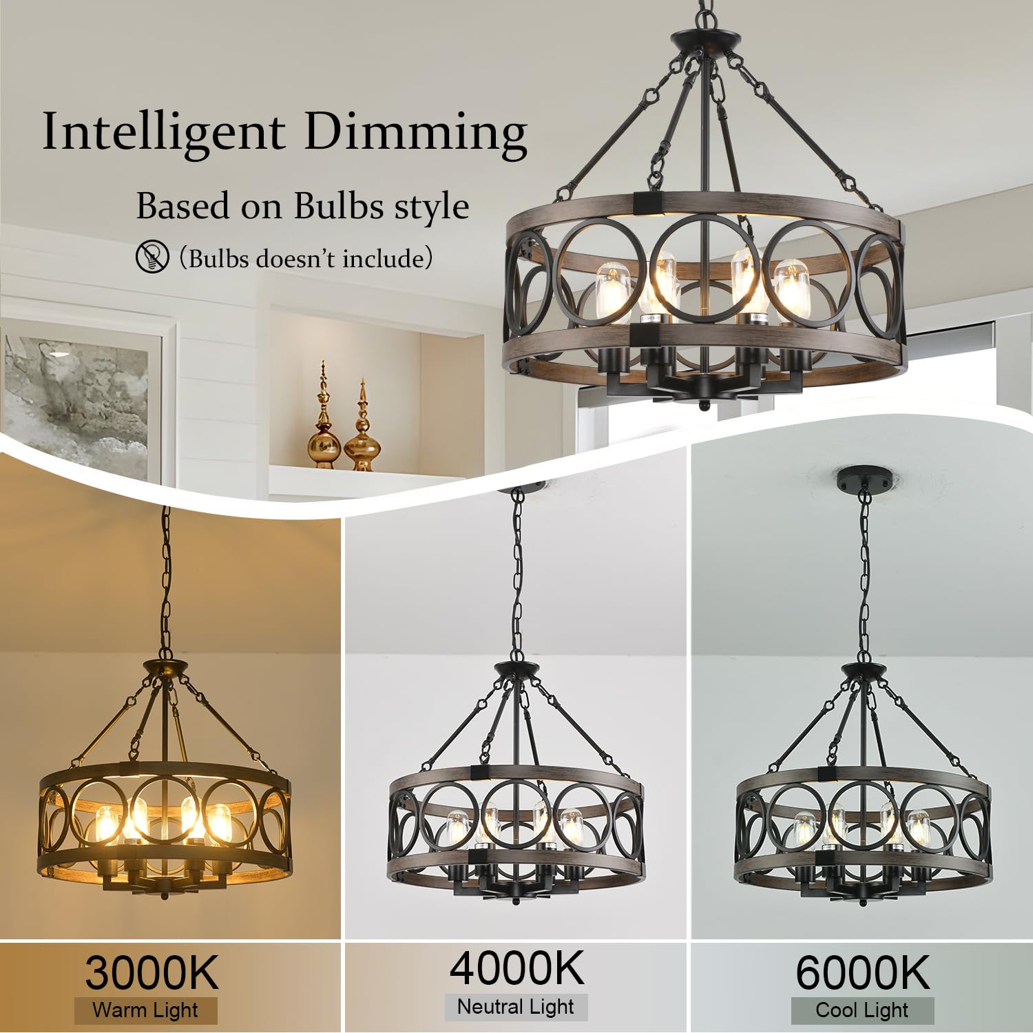 SHIANDAR Rustic 6-Light Farmhouse Chandelier, Black with Chain, Vintage Ceiling Lighting for Dining Room, Entryway, Kitchen Island