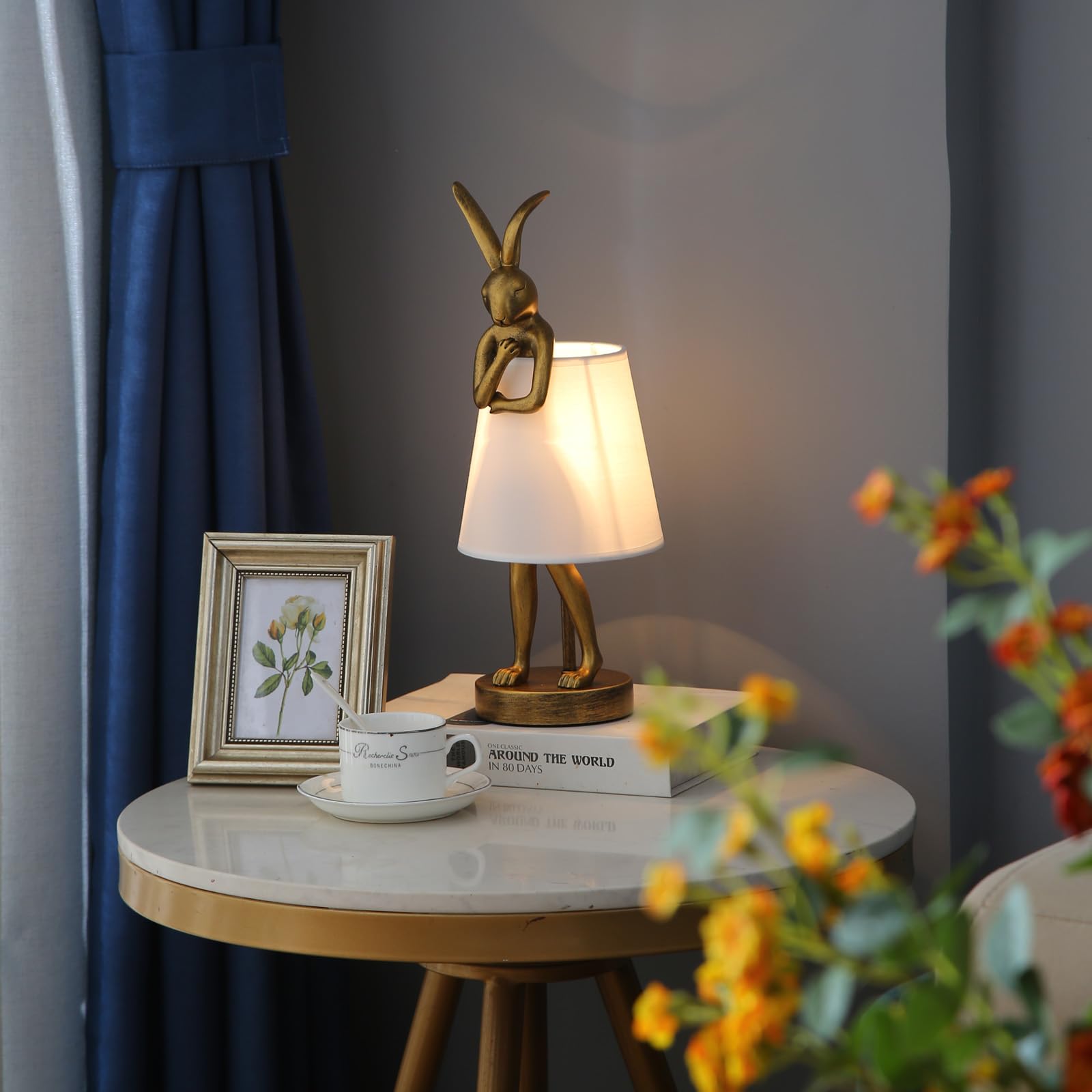 Nordiem Cute Rabbit Animal Table Lamp, Creative Gold Resin Apron Led Desk Light,White Linen Shade,15.7'', Home Decor Eye Protect