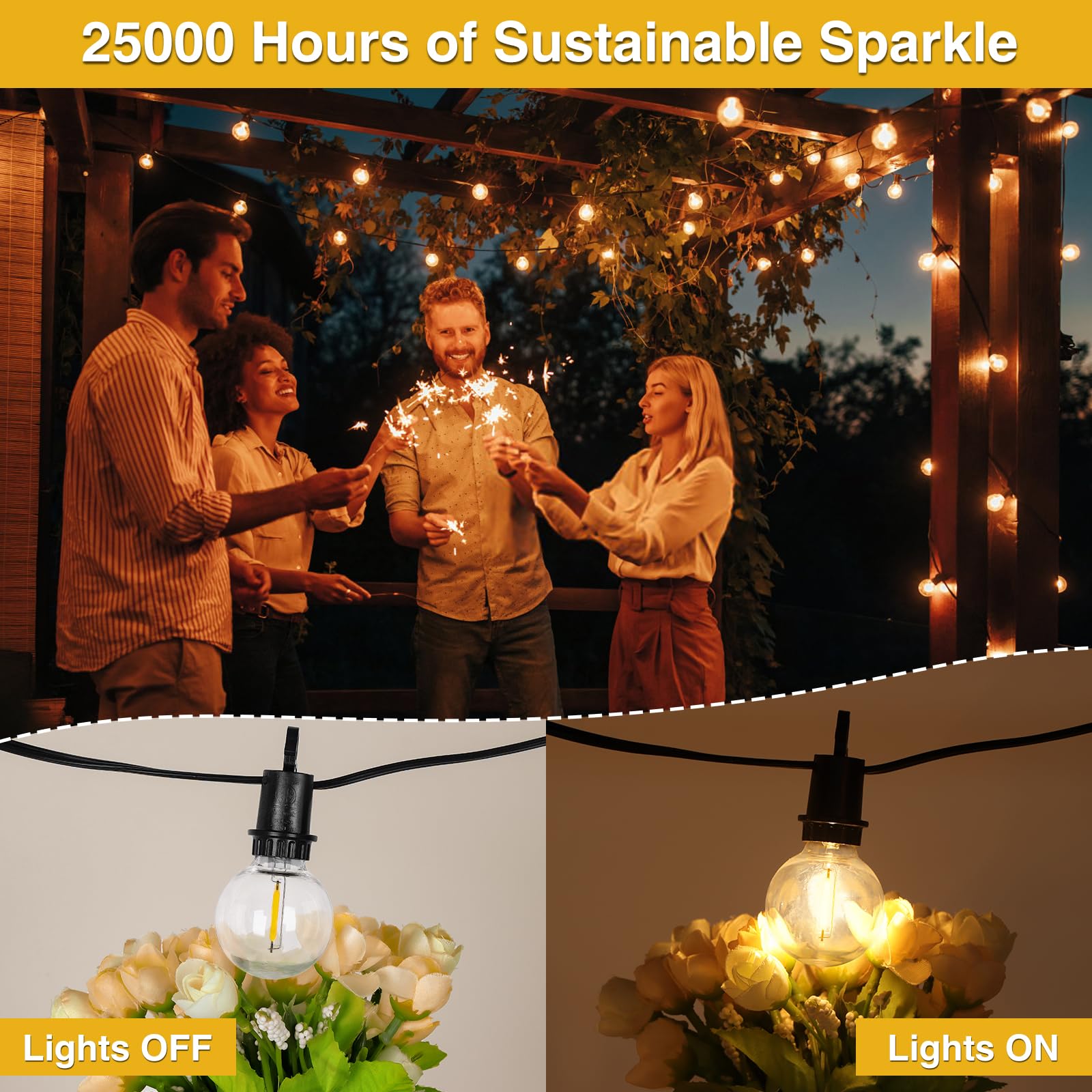 ZJOJO Outdoor String Lights, 50FT G40 Globe with 25 Shatterproof LED Bulbs, 2700K, Black, IP65 Waterproof, Model GYPC-O25LA