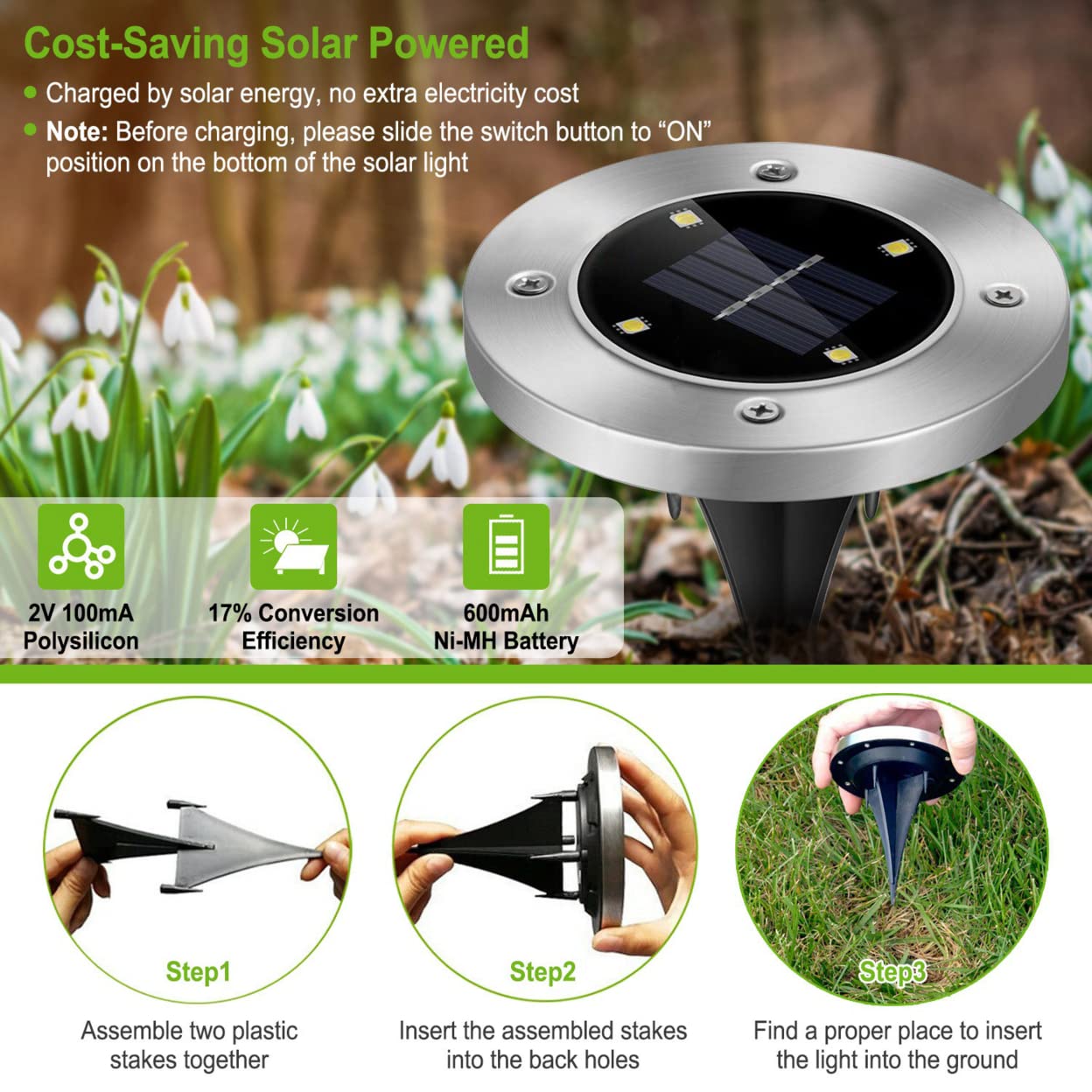 Kocaso 4Pcs Solar Ground Light - Waterproof In-Ground Led Path Deck Lawn Patio Lighting