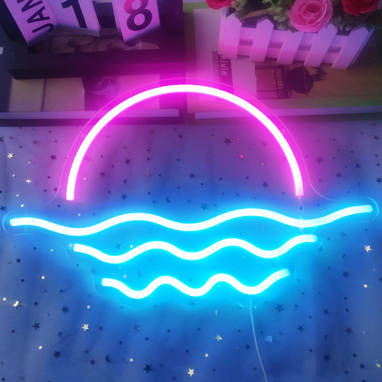 GMMLLG Sunrise Sunset Neon Sign, Dimmable Wave Design, 15.6in, Ice Blue & Pink, Strong Transparent Acrylic, Tropical Bedroom Decor