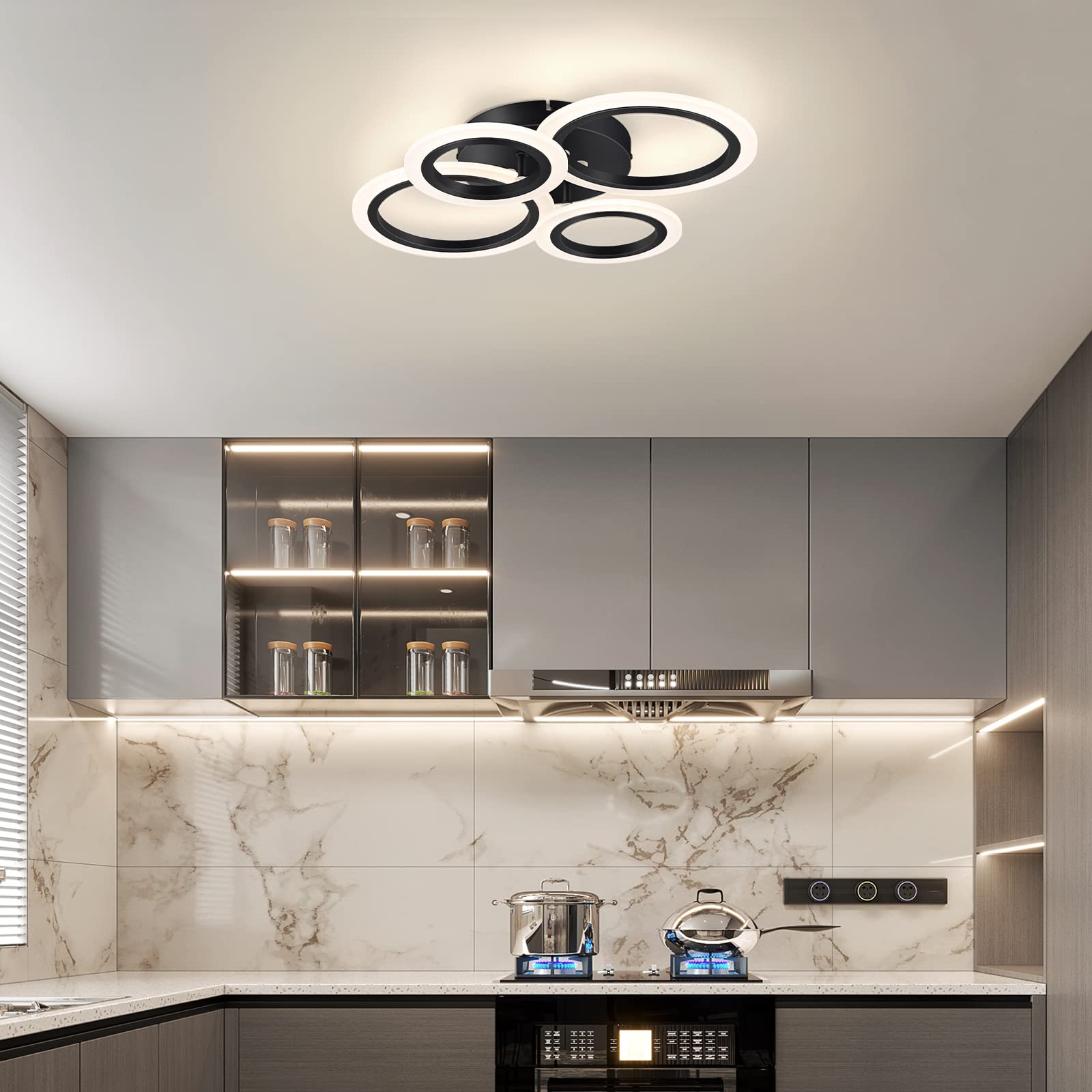Teminbu Modern Led Ceiling Light, Black 4 Rings Flush Mount Ceiling Light, 4000K Lighting Fixture Ceiling Lamp For Kitchen, Bedroom, Living Room, Laundry Room