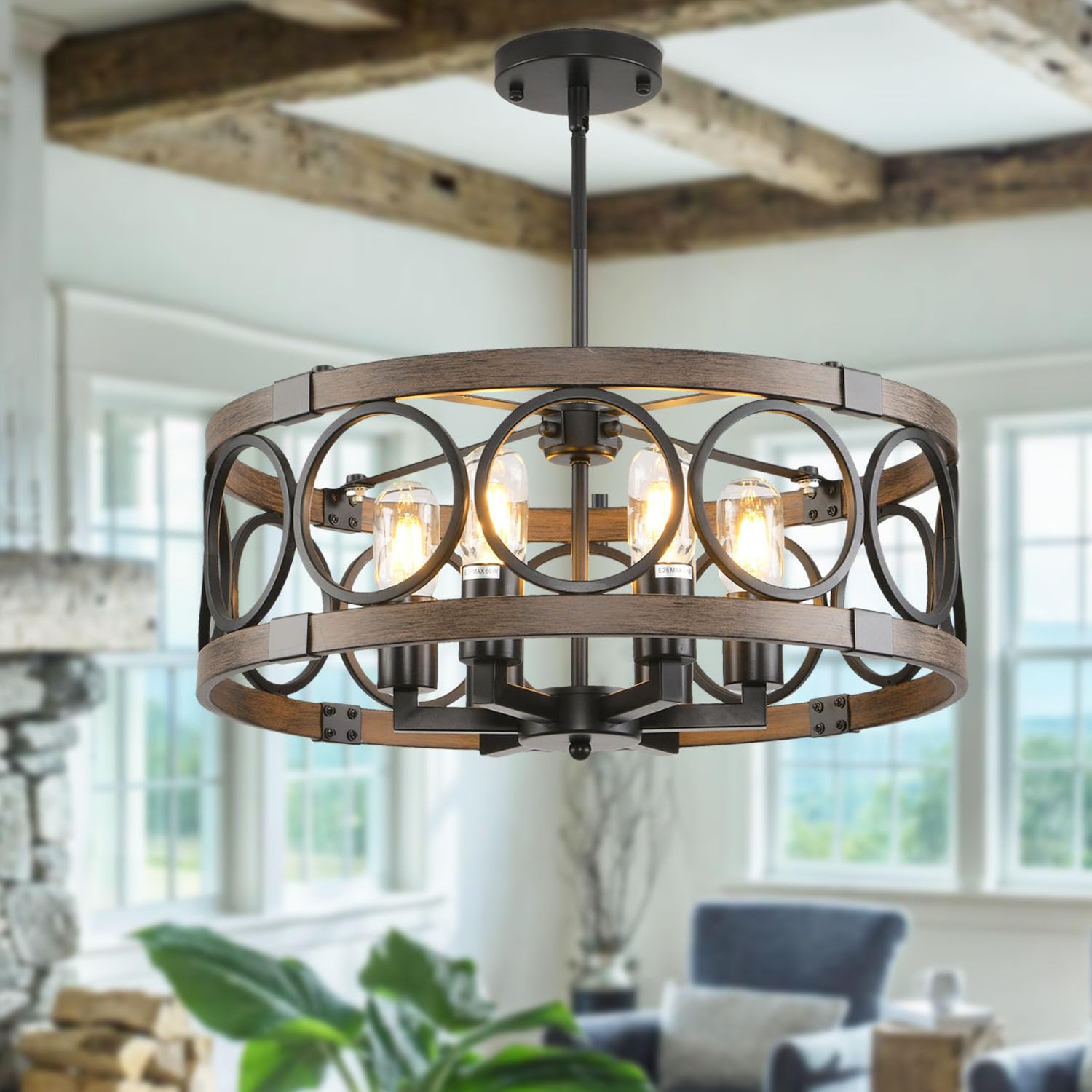 Shiandar Semi Flush Mount Ceilnig Light,6-Light Farmhouse Chandelier Rustic,Modern Light Fixture Ceiling Mount Round Metal Vintage Chandelier Dining Room Light Fixtures For Kitchen