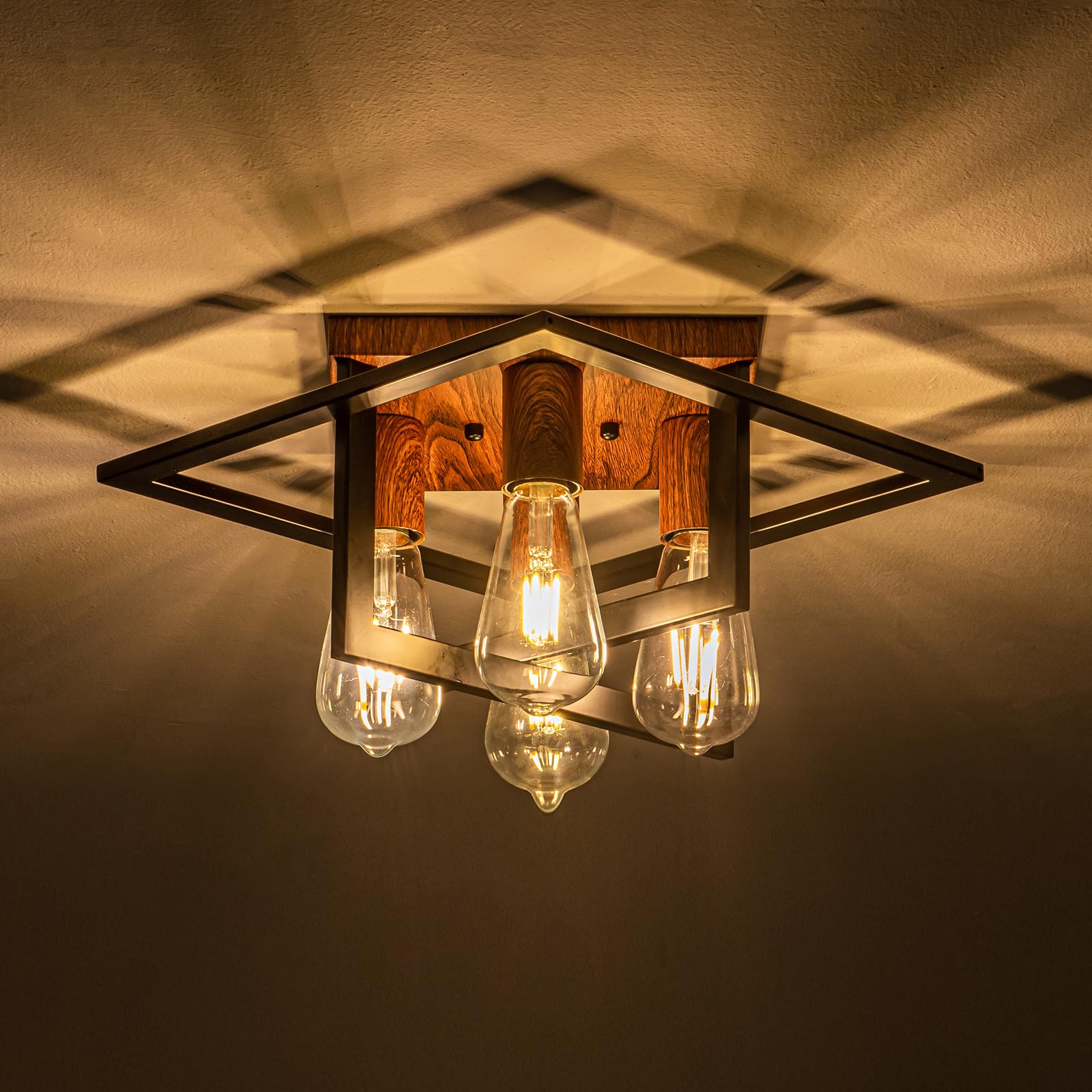 Fengkedu 4 Light Farmhouse Lighting Fixtures Ceiling Black Wood Industrial Flush Mount Ceiling Lamp Hallway Light Fixture Close