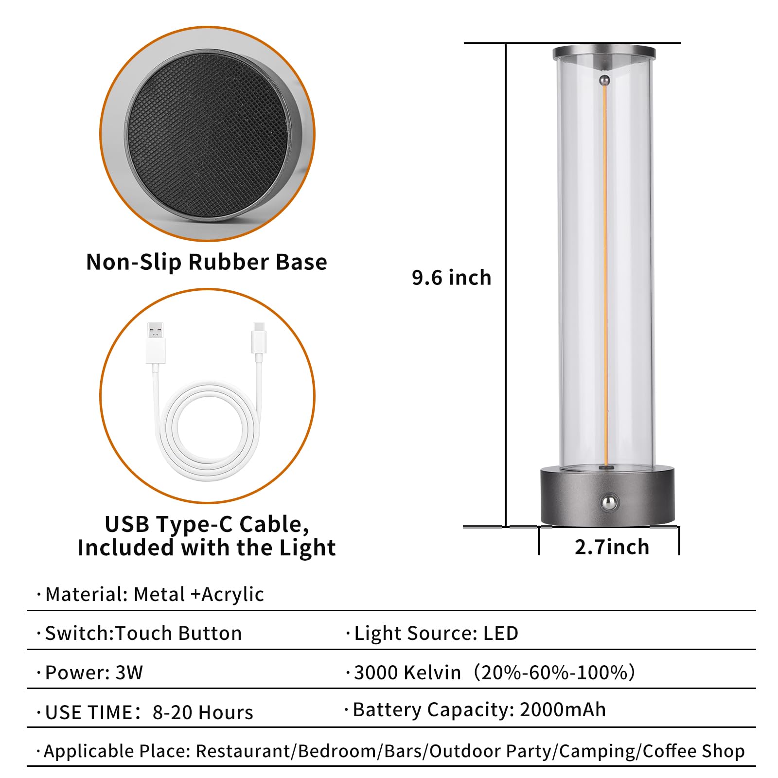 Cordless Portable Led Table Lamp, Rechargeable Battery Operated Desk Lamp With Touch Sensor, Three-Level Dimmable Suitable For B