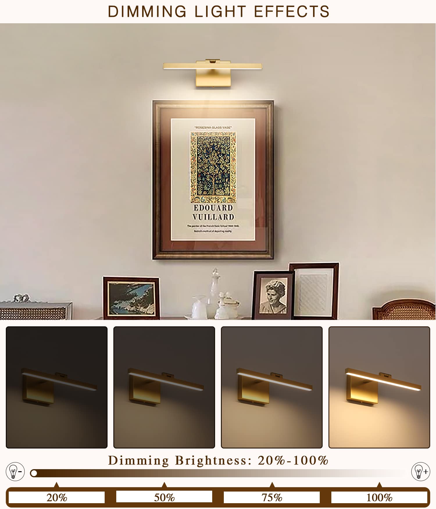 Joosenhouse Hard Wired Picture Light, 300 Lumens, Dimmable, 15.74in Long, Gold, Model 7520-400-D, Metal Wall Lamp for discomfort-reducingtings