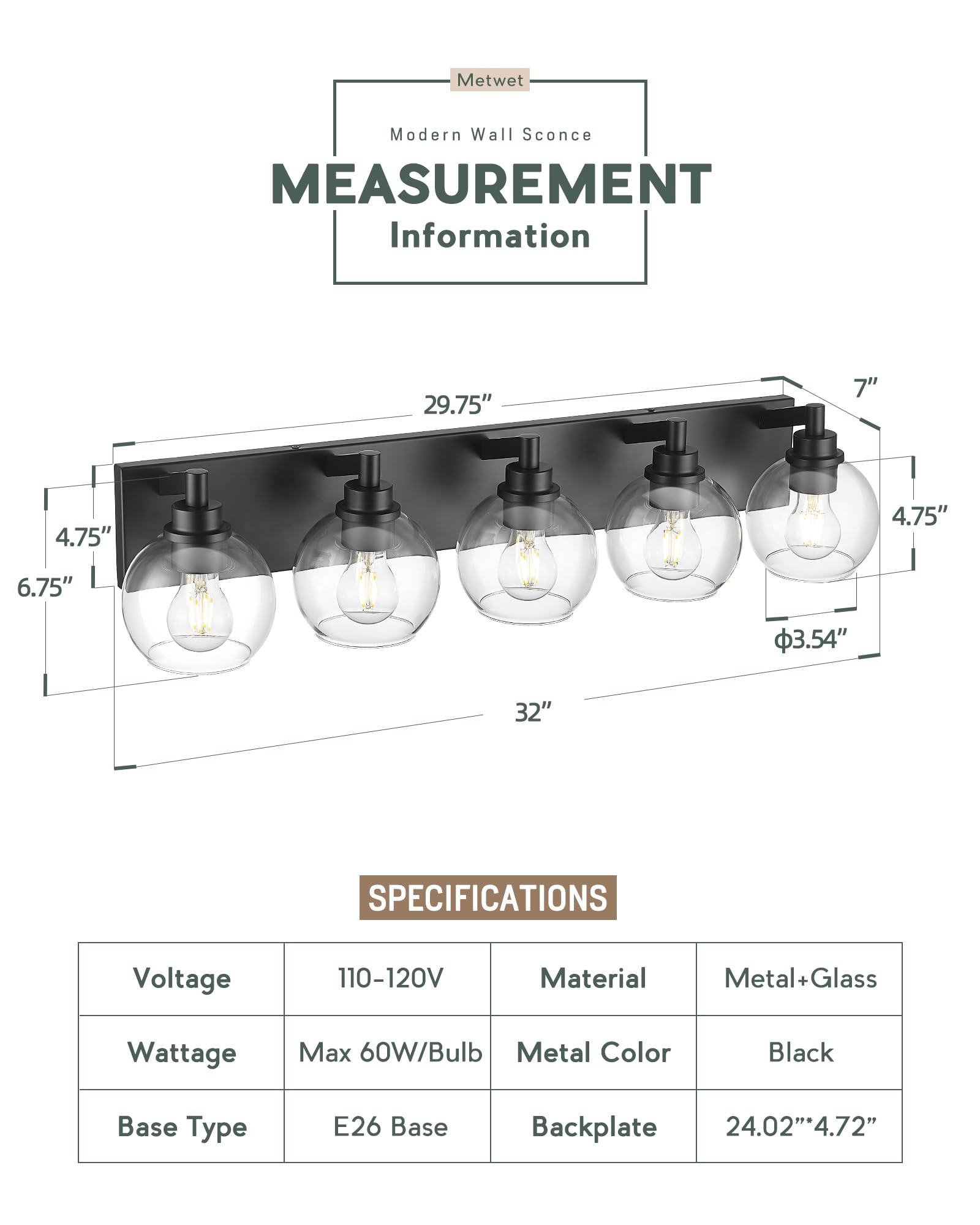 Metwet Bathroom Light Fixtures, 5 Light Matte Black Vanity Light, 32 Inch Modern Wall Sconces With Globe Clear Glass Shade, Vani