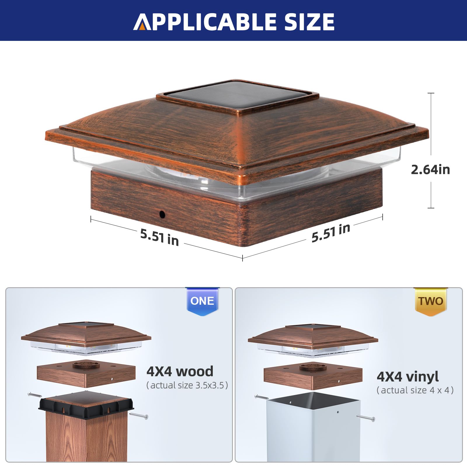APONUO 16 Pack Solar Fence Post Lights, Waterproof Warm/Cool Light, Brushed Copper, Fits 4x4 & 5x5 Posts, Model TZ11