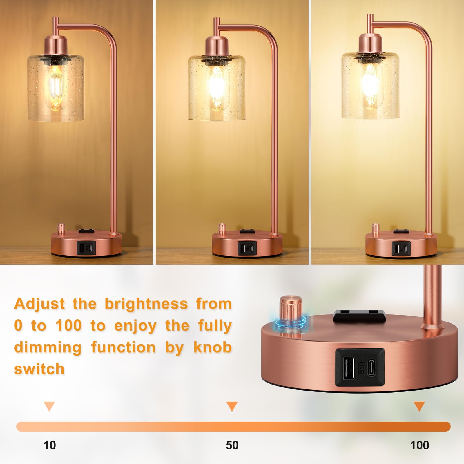 Innqoo Industrial Table Lamps For Bedrooms Set Of 2 - Fully Dimmable Bedside Lamps With Usb Ports And Outlet, Copper Nightstand