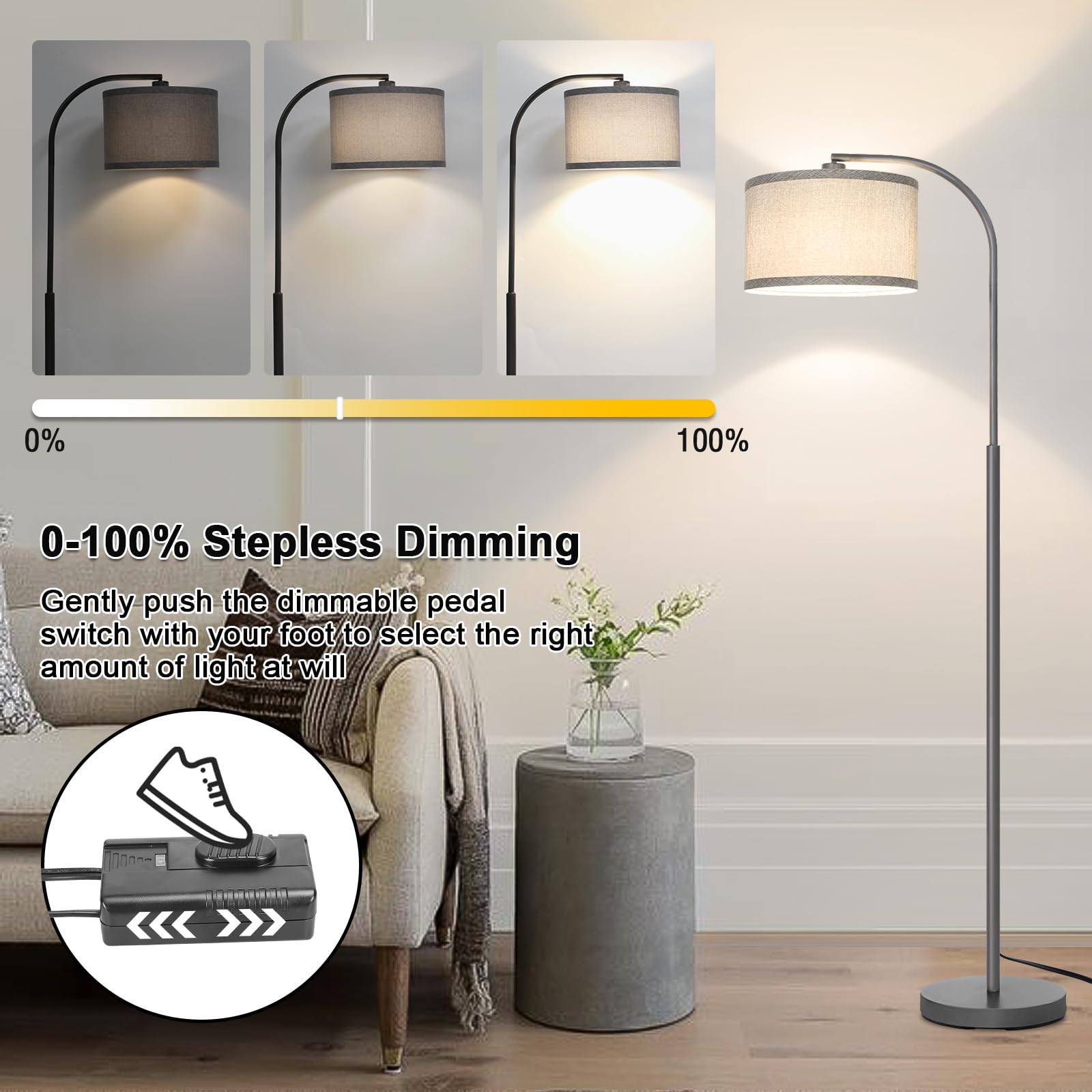 Boncoo Dimmable Floor Lamp, Arc Floor Lamps For Living Room, Stepless Dimmable Standing Lamp With Adjustable Drum Shade, Modern