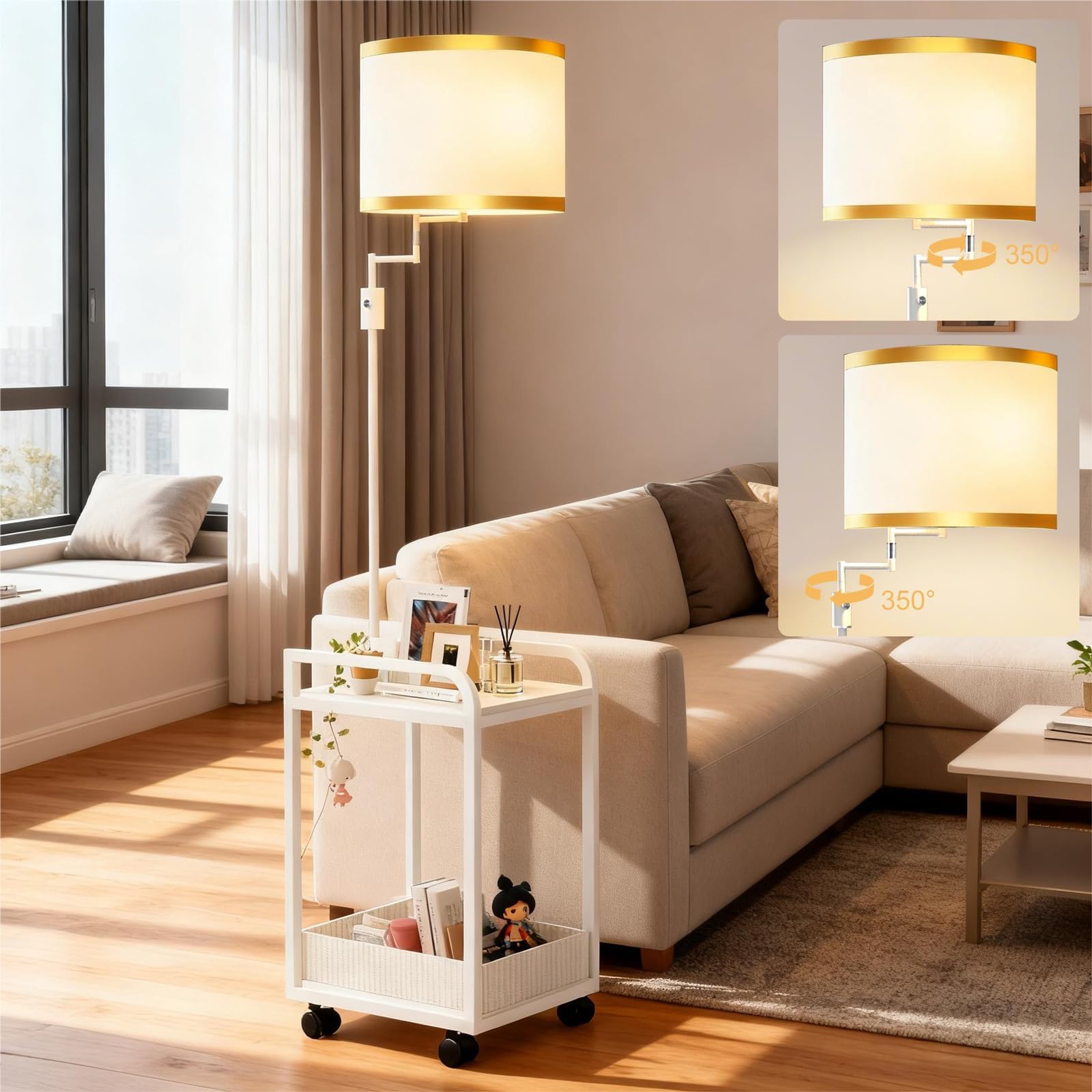 Lightdot 63IN Floor Lamps with Table&Basket, Modern Standing Tall Lamps with Adjustable Fabric Shade and Movable Casters, End Ta
