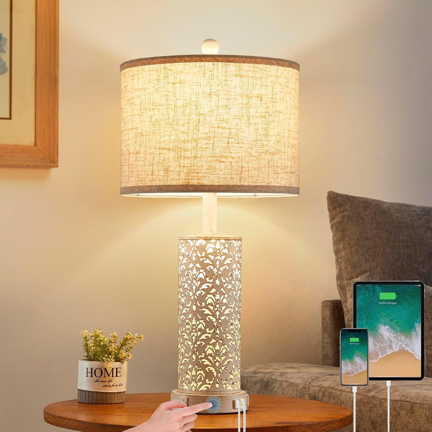 SAIWEYA 26  Farmhouse Table Lamp Dual Light, 3-Way Dimmable Touch Lamps, Rustic Nightstand Bedside Lamps with 2 USB Ports + AC O