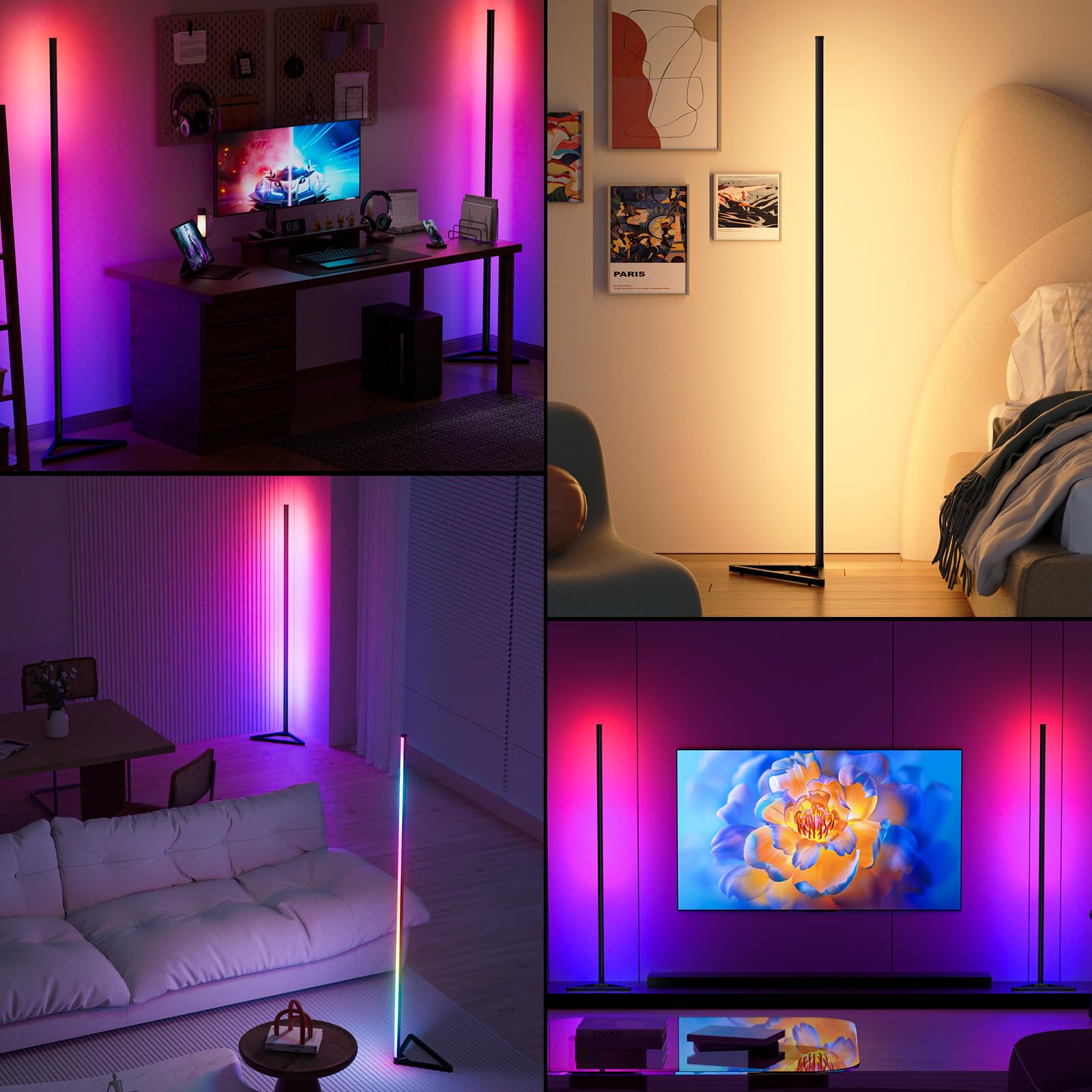 Miheal 2Pcs Black Corner Floor Lamp, Synced Lights Led Control Floor Lamp Rgb Light 56'' Smart Led Corner Lamp App And Remote Fo
