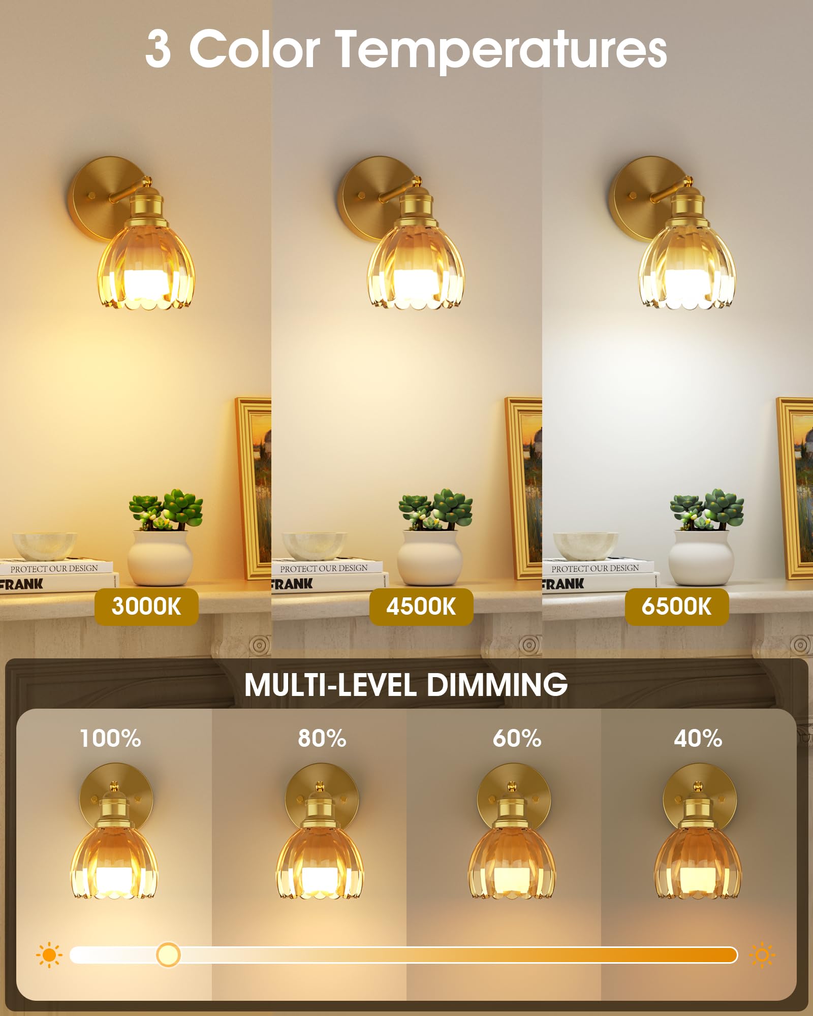 VOLISUN Vintage Battery Operated Wall Sconce,with Amber Tulip Glass Lampshade, Wireless Wall Sconce, Rechargeable Battery Powere