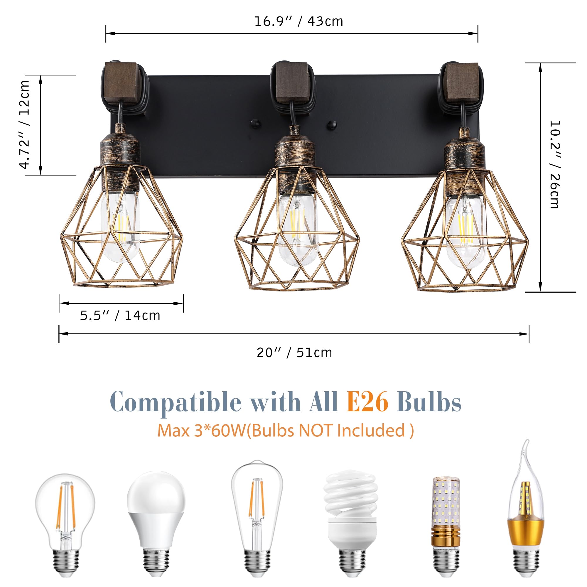 Farmhouse Bathroom Light Fixtures, 3-Light Bathroom Lighting Fixtures Over Mirror, Rustic Wood Black Gold Vanity Lights Wall Sco