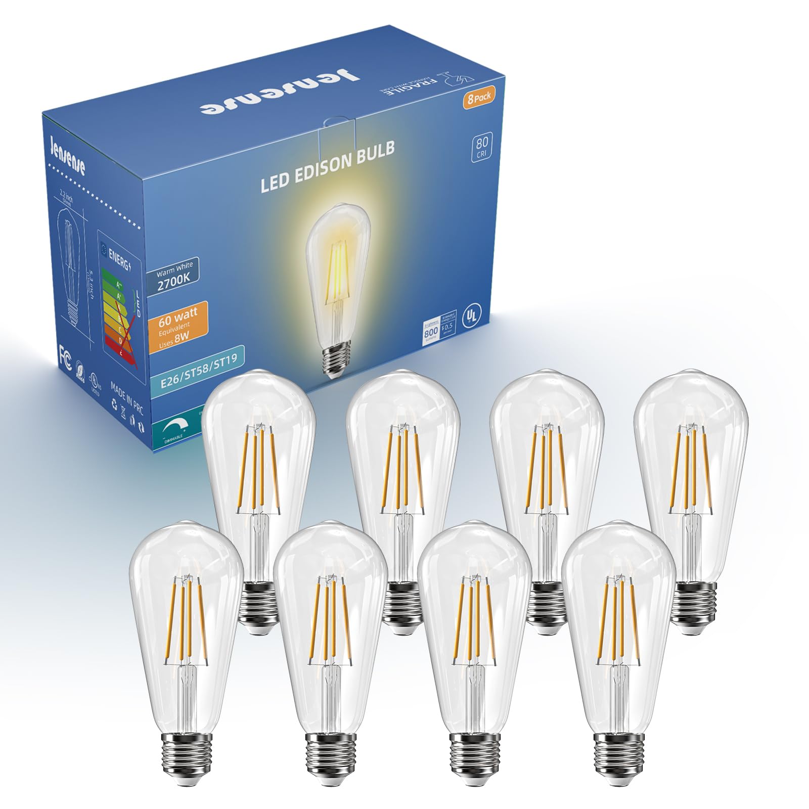 Jensense Edison LED Light Bulbs 8Watt Dimmable, 2700K Warm White, E26 Base, 60W Equivalent, Vintage Bulbs 800lm CRI 90, 8 Pack