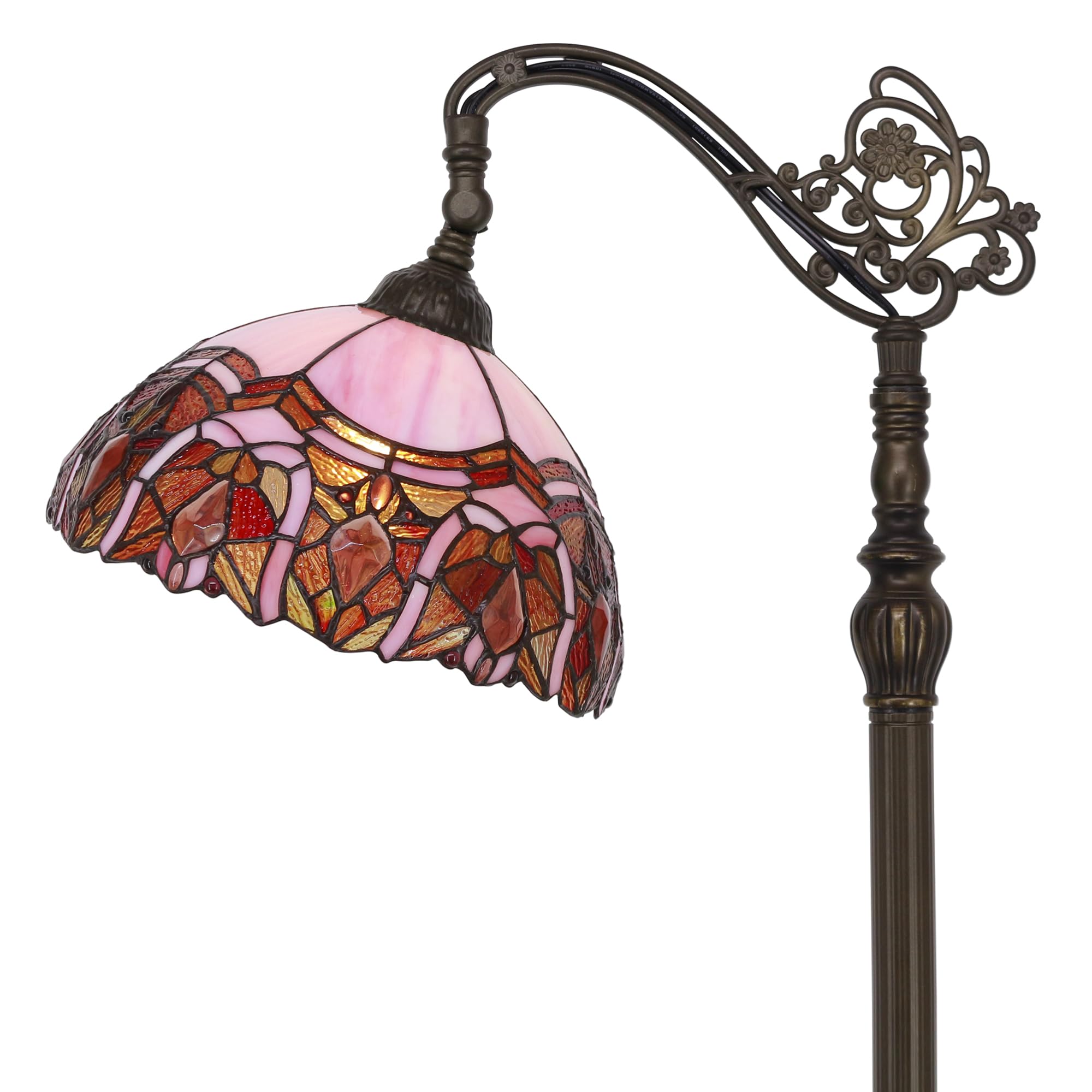 Zjart Tiffany Floor Lamp Stained Glass Lamp 18.88X12X67 Inch Angle Adjustable Arched Gooseneck Antique Reading Light (Pink Jewel