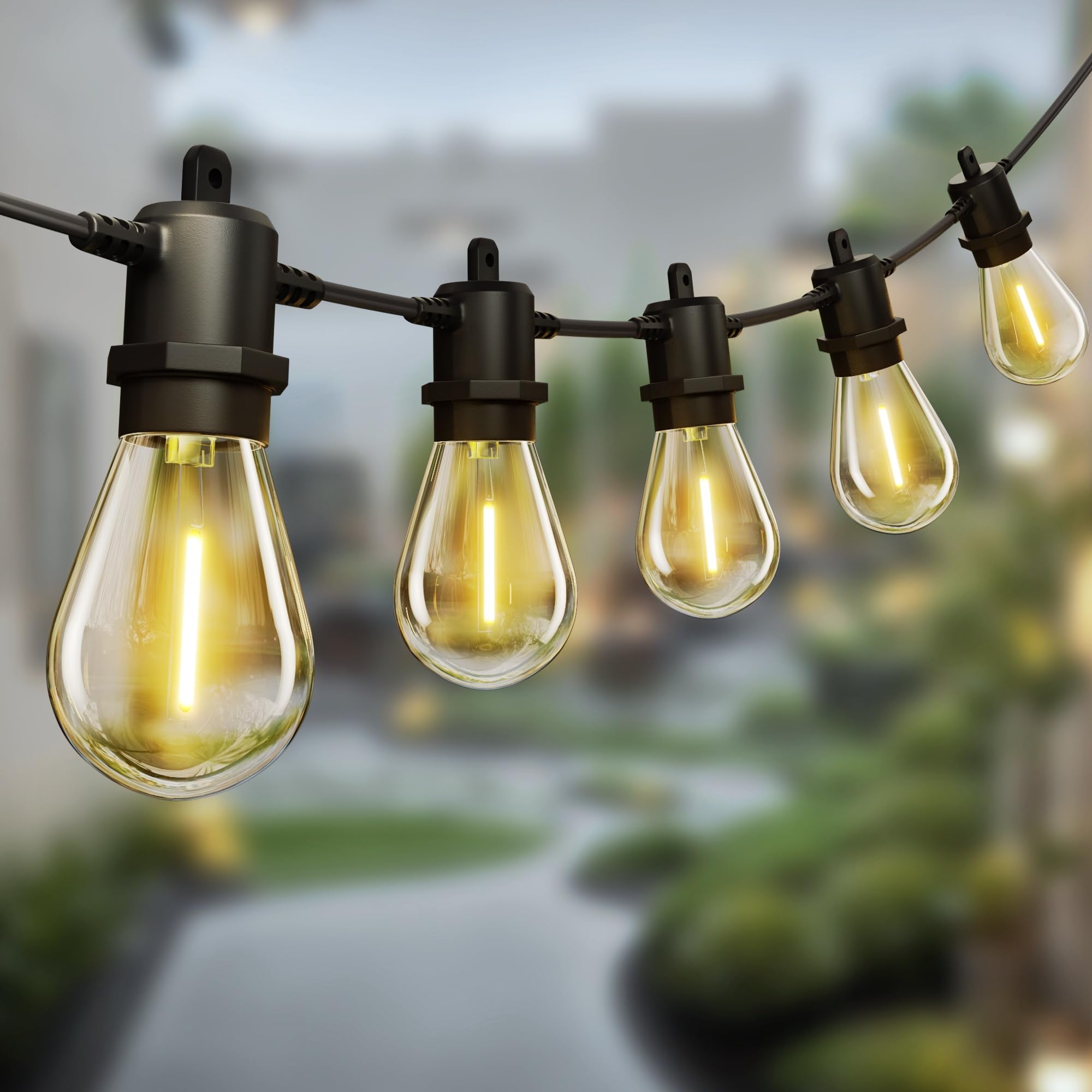 60FT Solar Outdoor String Lights, 18+1 Shatterproof LED Bulbs, Waterproof, USB Rechargeable, 2200K Warm White, Energy-Saving Han