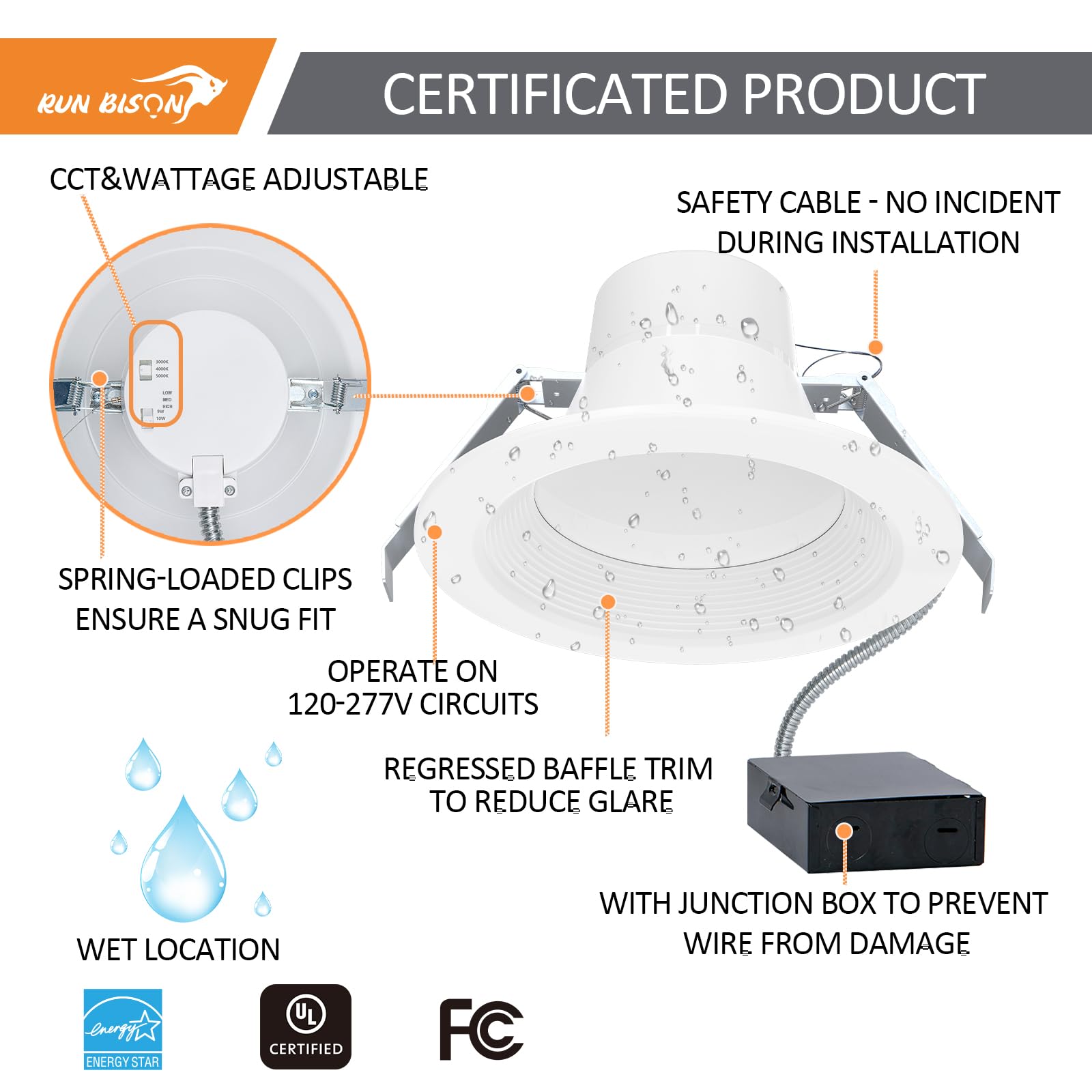 4 Inch Recessed Led Commercial Downlight With J-Box, Wattage Adjustable 9/12/15W,3 Color Selectable 3000K-5000K, 120-277V,0-10V Dimmable, Ic Rated,Canless Led Downlight,Ul Listed - 4Pk