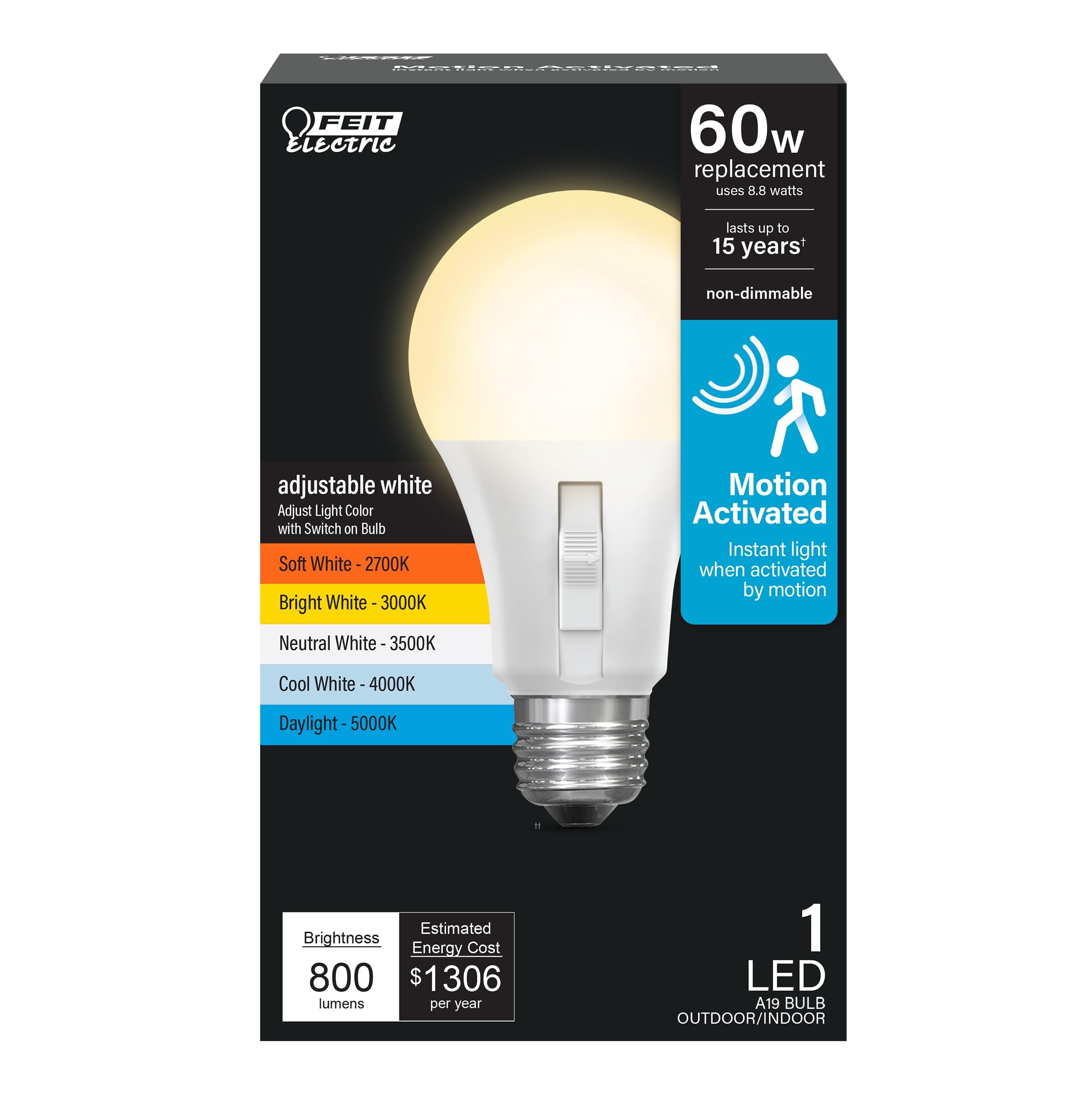 Feit Electric Led Motion Sensor Light Bulb, A19 60W Equivalent, 5Cct, Non-Dimmable, E26 Medium Base, 90 Cri, 800 Lumens, Adjusta