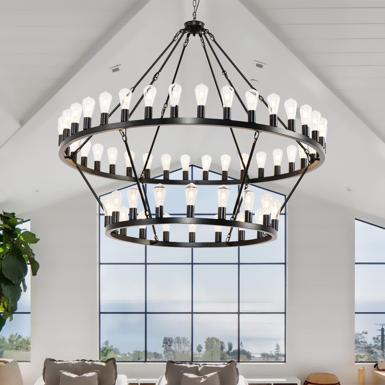 Viksroeo 60 Inch Black Extra Large Wagon Wheel Chandelier, 2 Tier 54-Lights Farmhouse Industrial Round High Ceiling Pendant Ligh