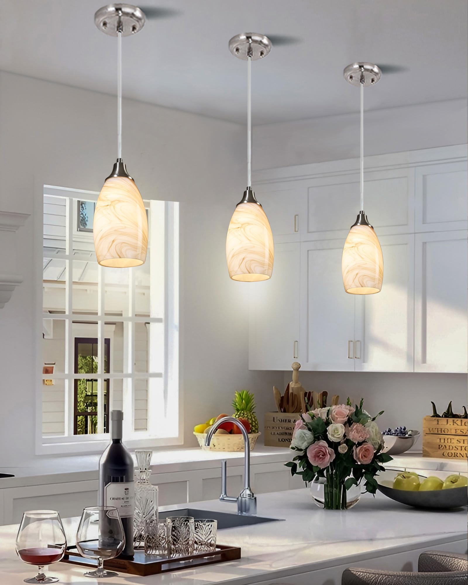 Karyfine Mini Pendant Lights Kitchen Island Beige Marble Glass Lamp Shade Hand Blown Glass Pendant Light With Brush Nickel Finis