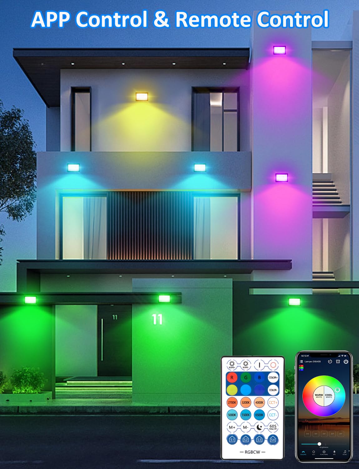 Crepow Rgb Led Flood Light Outdoor 300W Equivalent, 30W Bluetooth Rgbcw Smart Floodlights 2700K, 16 Million Color Changing, Timi