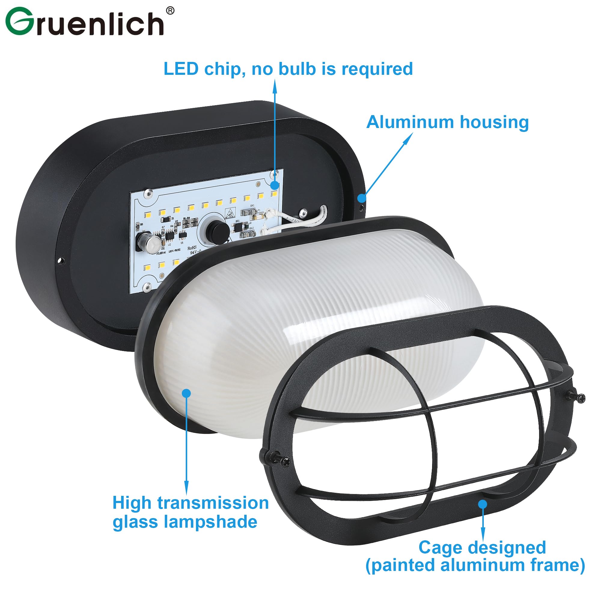 GRUENLICH Dimmable LED Bulkhead Light, 8.5in  Oval, 3000K Warm White, Black Cast Aluminum, 2-Pack, Model GR-CL00130