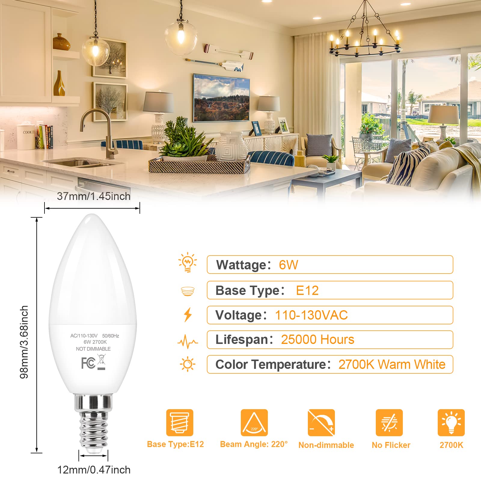 Odnora E12 Candelabra Led Light Bulbs 60W Equivalent, 2700K 6W 450 Lumens Chandelier Light Bulb, Daylight White Led Ceiling Fan