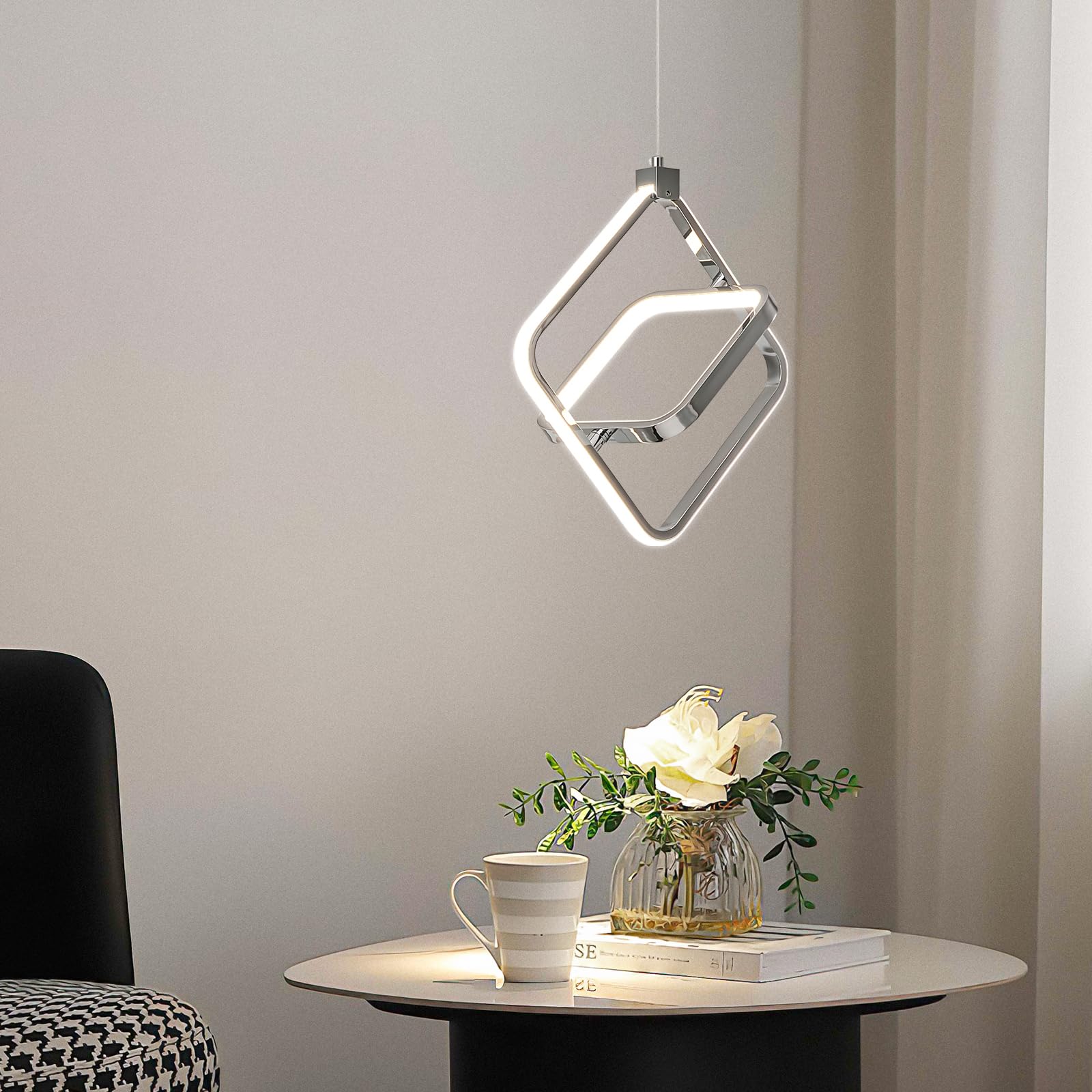 BNHHLZ Modern LED Chandelier, Chrome Rectangular Pendant Light, 4000K 20W, Dimmable, Height Adjustable, 3-Pack