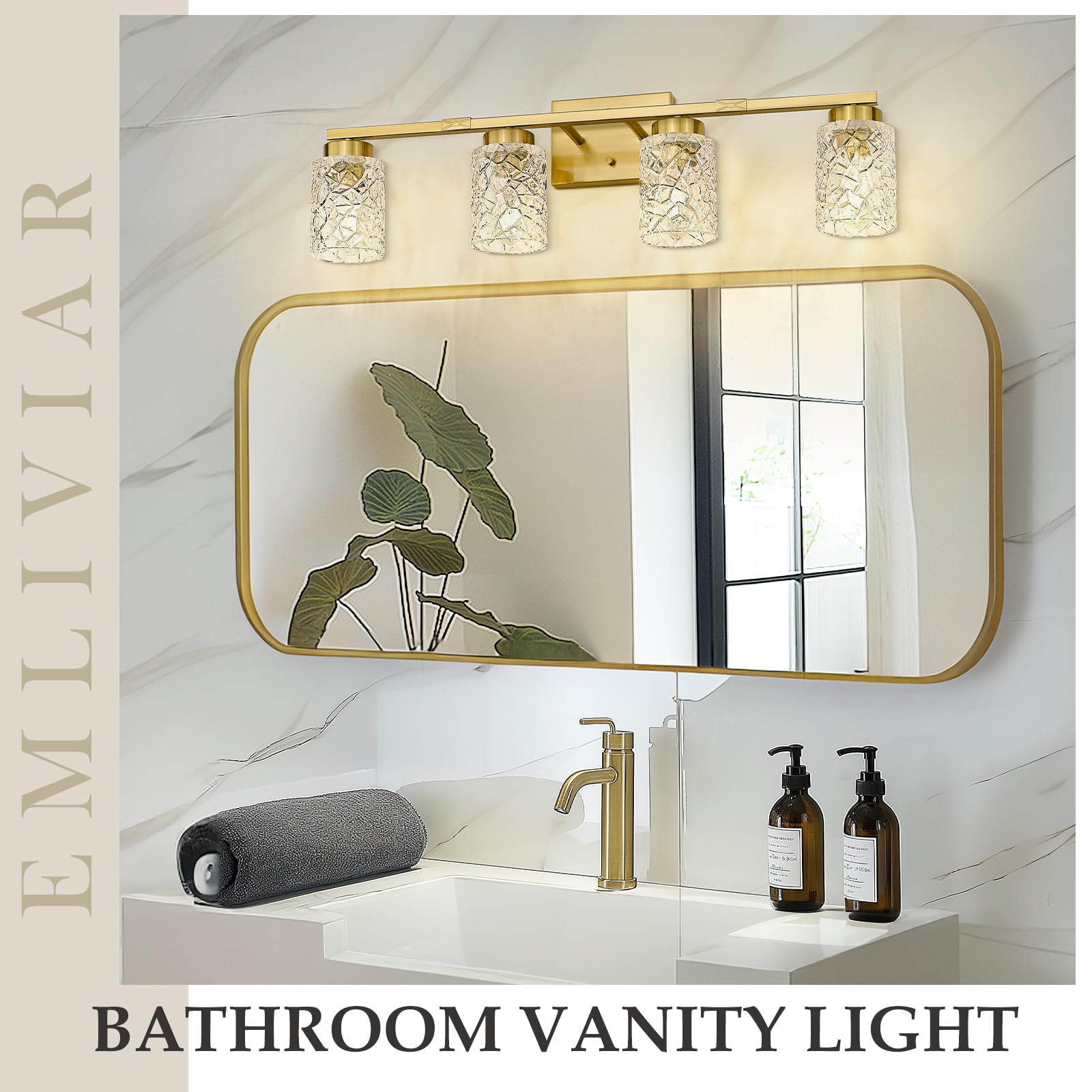 Emliviar 4-Light Vanity Light, Brushed Gold, Modern Wall Sconce, Clear Glass, 31 Inch, Model HE294B-4W BG