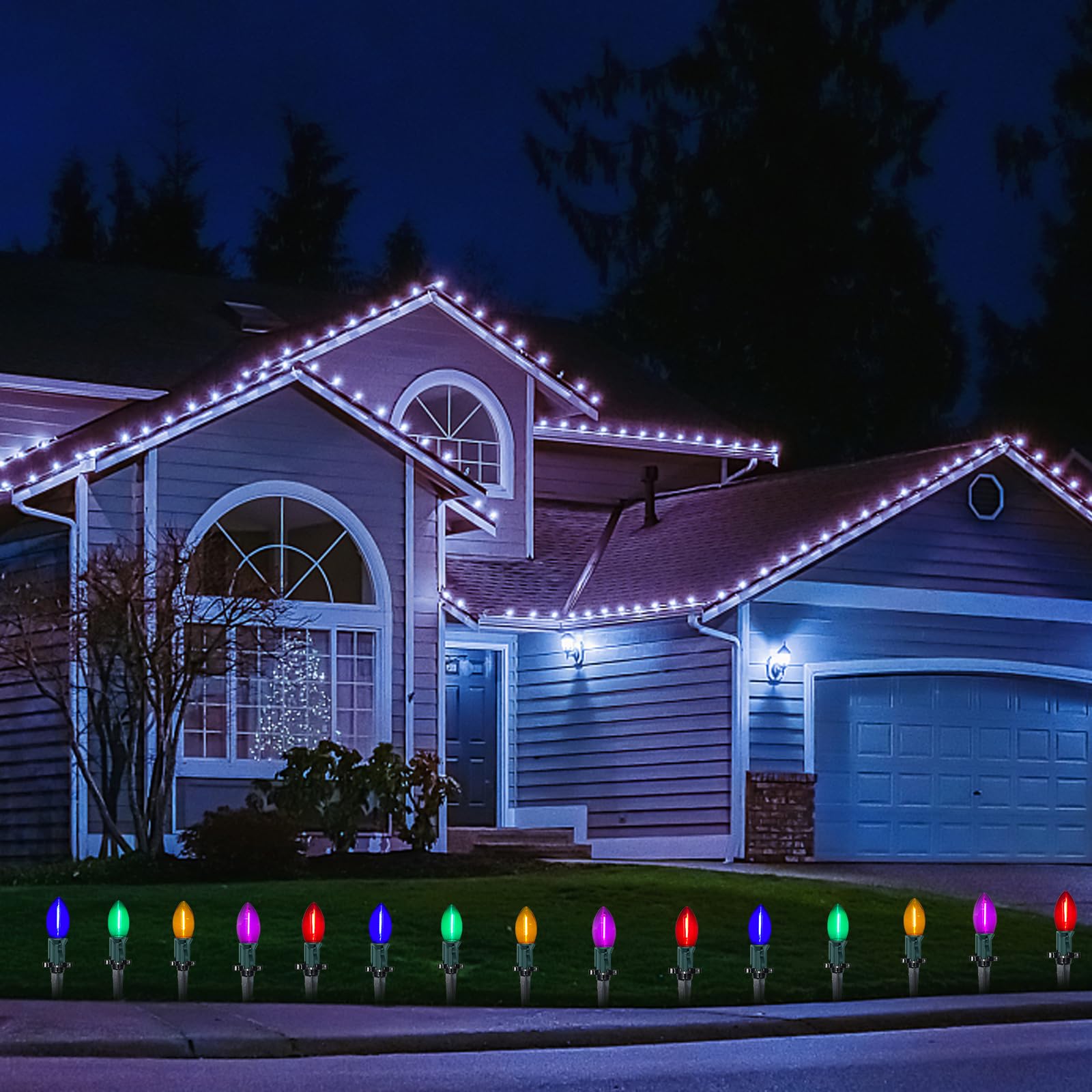 C9 Led Christmas Pathway Light, 38Ft Multicolor Pathway Christmas Lights With 27 Multicolored Jumbo Led Bulbs, Connectable Chris