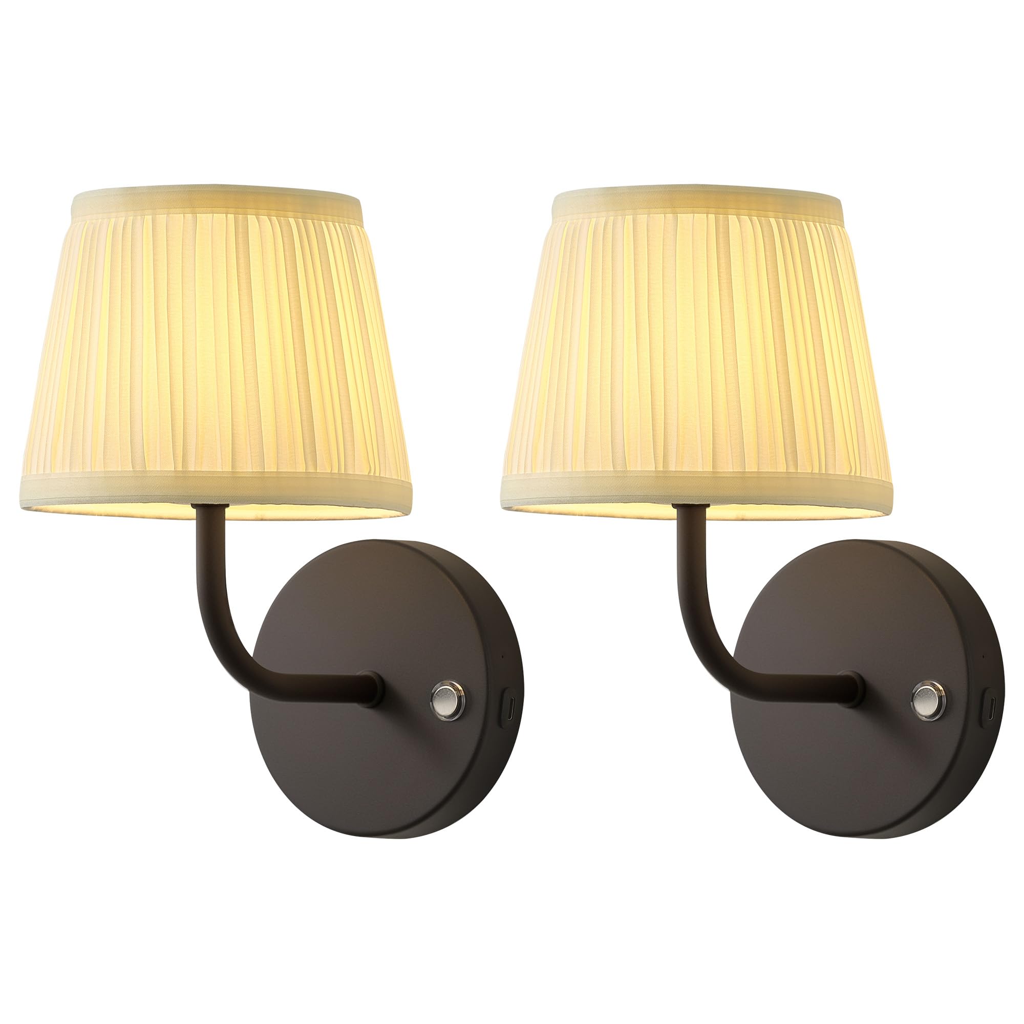 PUSU LED Cordless Black H9.6 inch Small Wall Sconces Set of 2, Rechargeable 5200mAh Battery Operated Fabric Wall Lamp with Remot