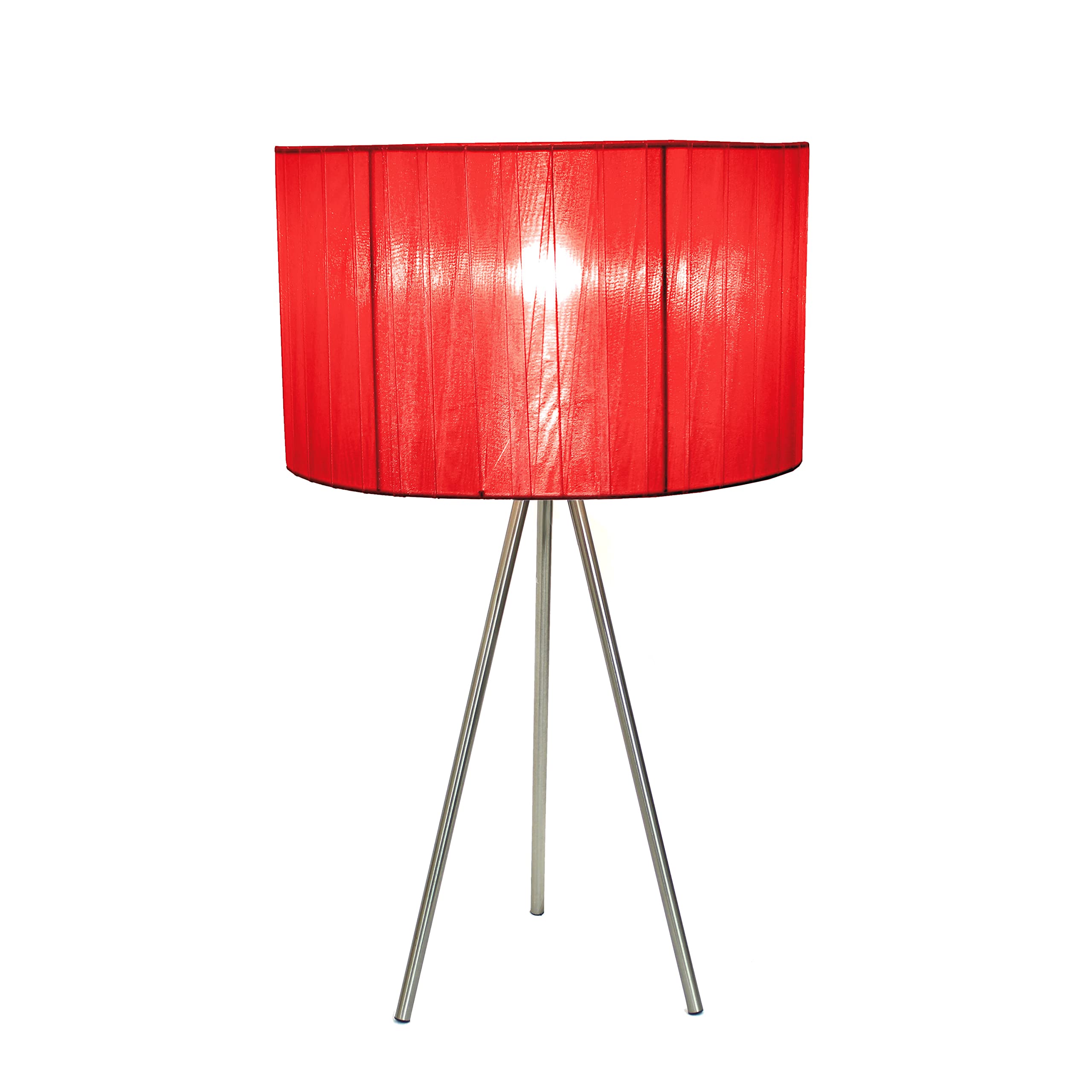 Simple Designs Lt2006-Red Brushed Nickel Tripod Table Lamp With Pleated Silk Sheer Shade, Red