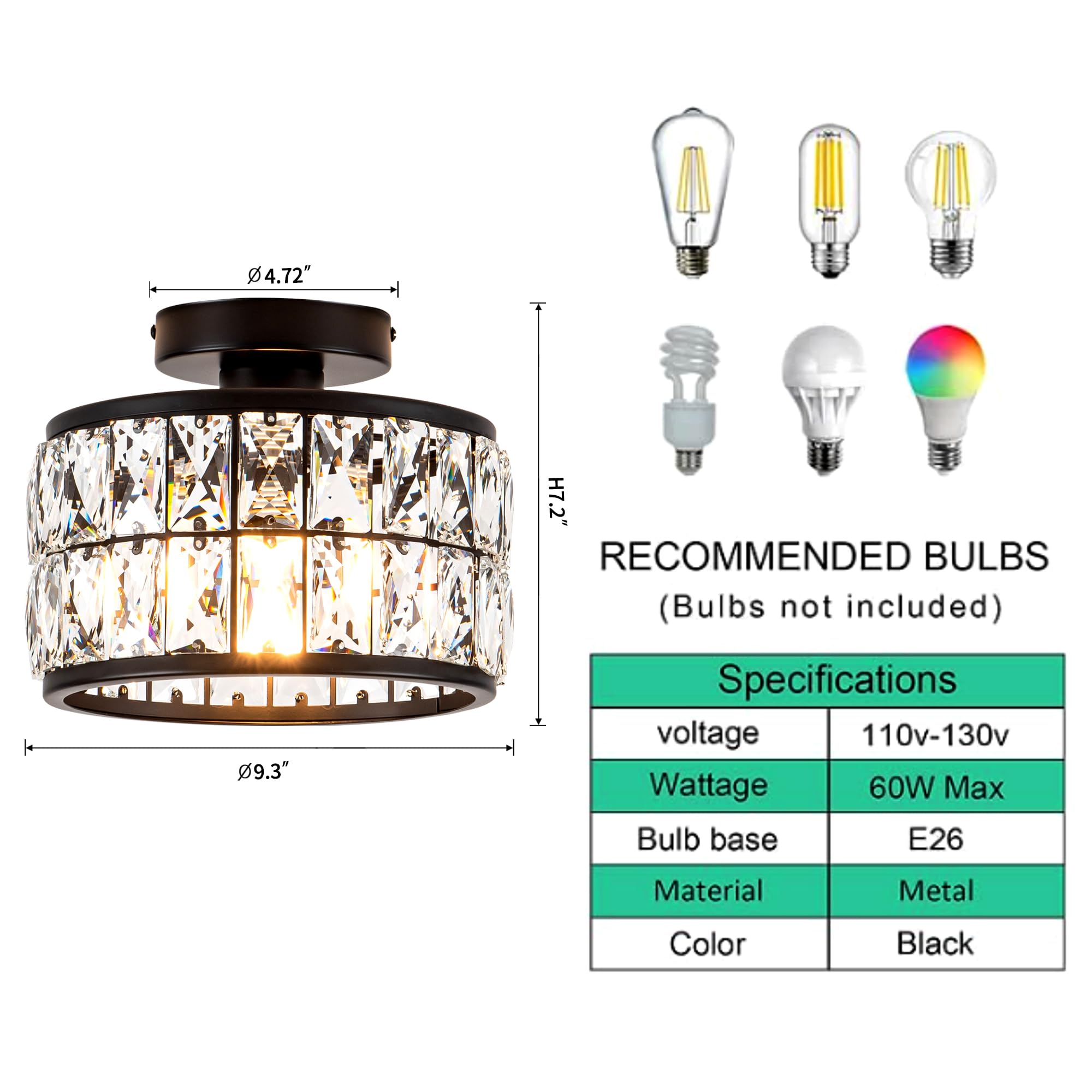 Rpzloila Crystal Ceiling Light Fixture, Modern Semi Flush Mount, Metal, Black Finish, Model 8102-1X-BK