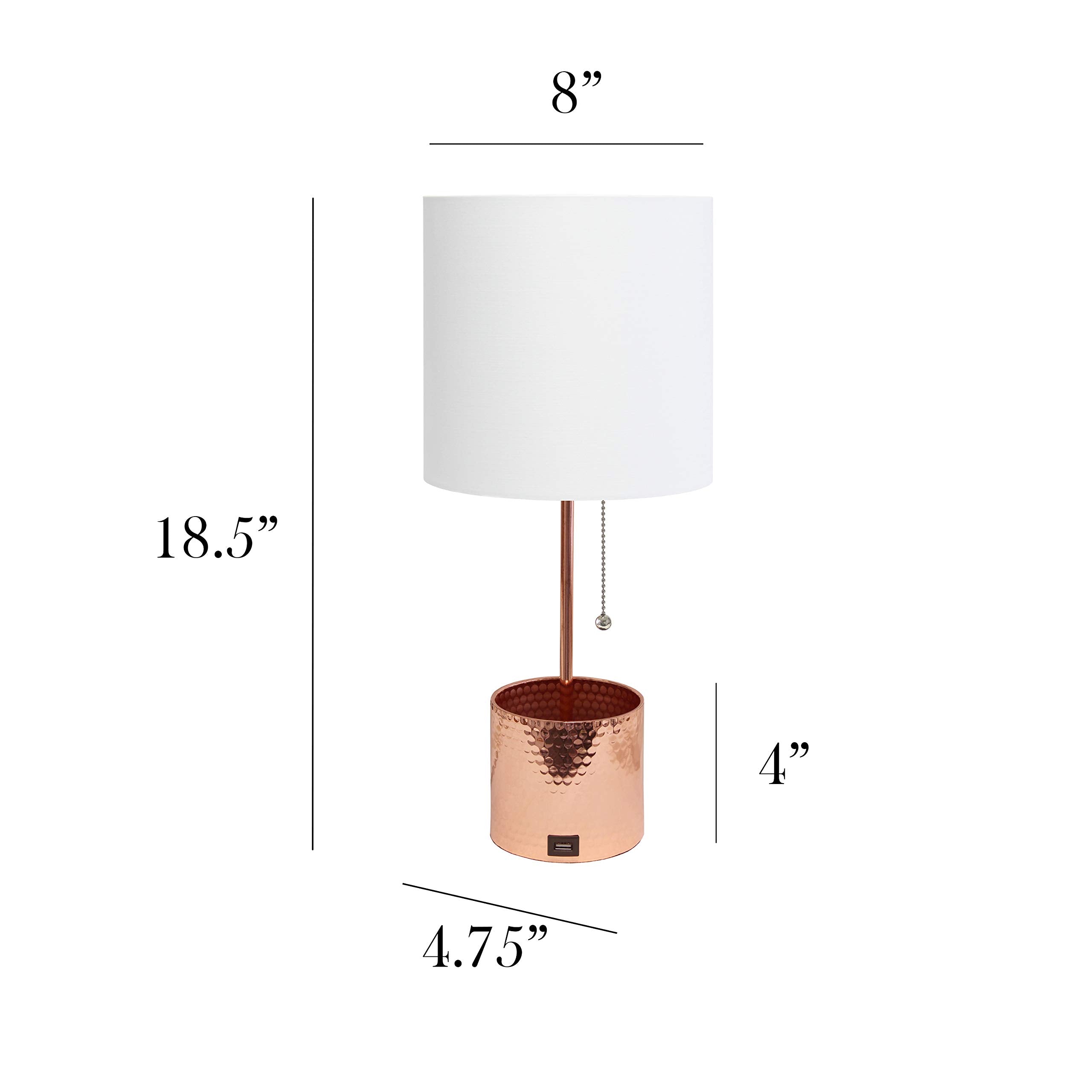 Simple Designs Lt1085-Rgd Hammered Metal Organizer Table Lamp With Usb Charging Port And Fabric Shade, Rose Gold