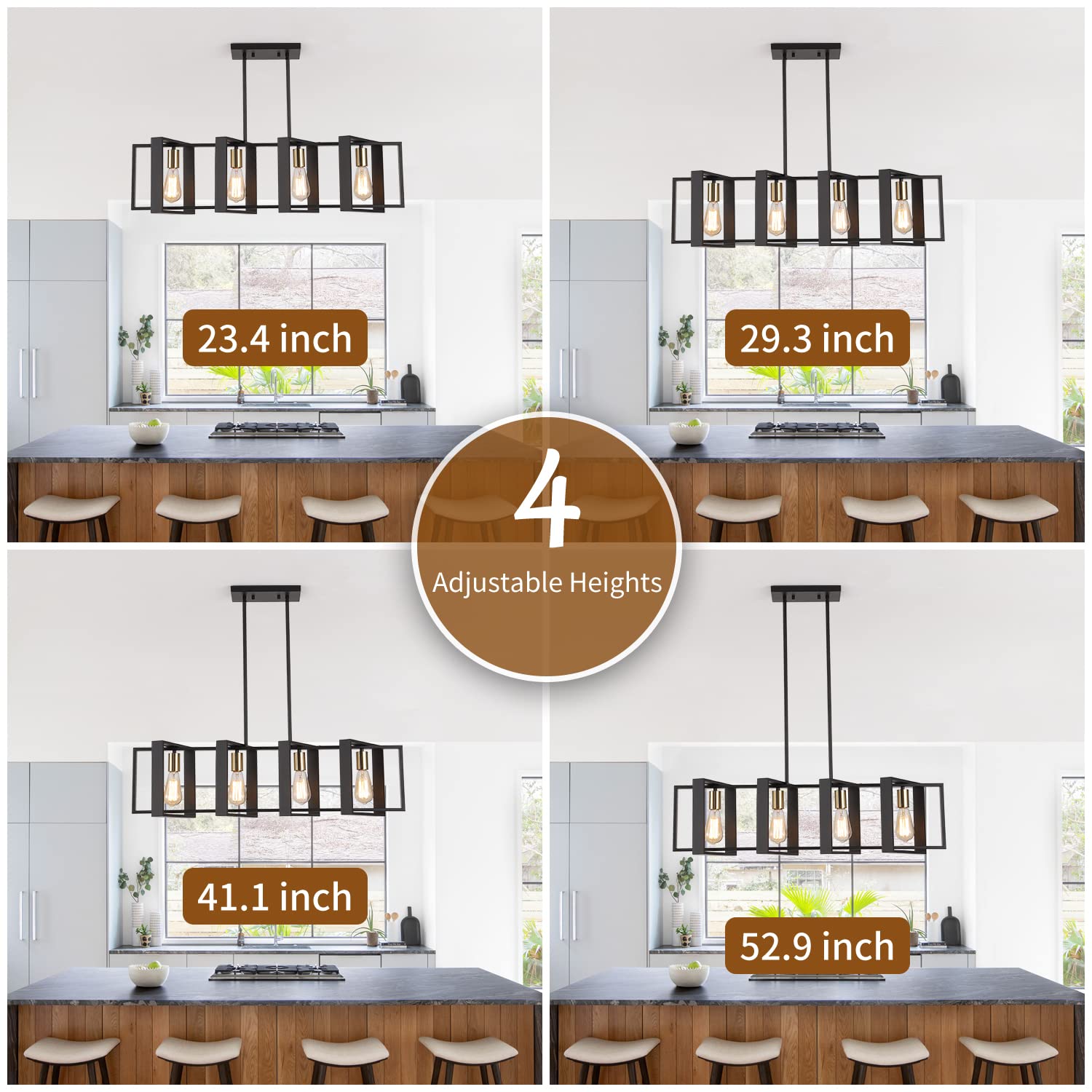 35.4'' Kitchen Island Lighting Fixture,Dining Room 4 Lights Chandeliers,Black Wood+Metal Pendant Light For Foyer Hallway Living